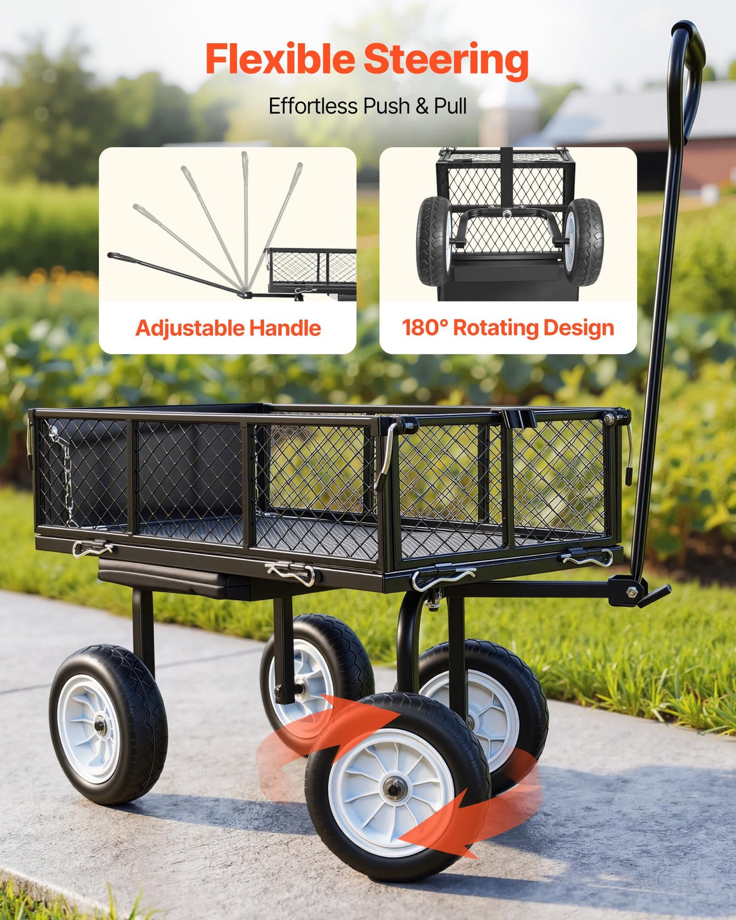 VEVOR 500 LBS Steel Garden Cart with Work Seat, Heavy Duty Garden Wagon Cart on Wheels, Outdoor Metal Utility Yard Wagon Gardening Stool with 10inch Flat Free Tires, Tool Tray & Adjustable Handle