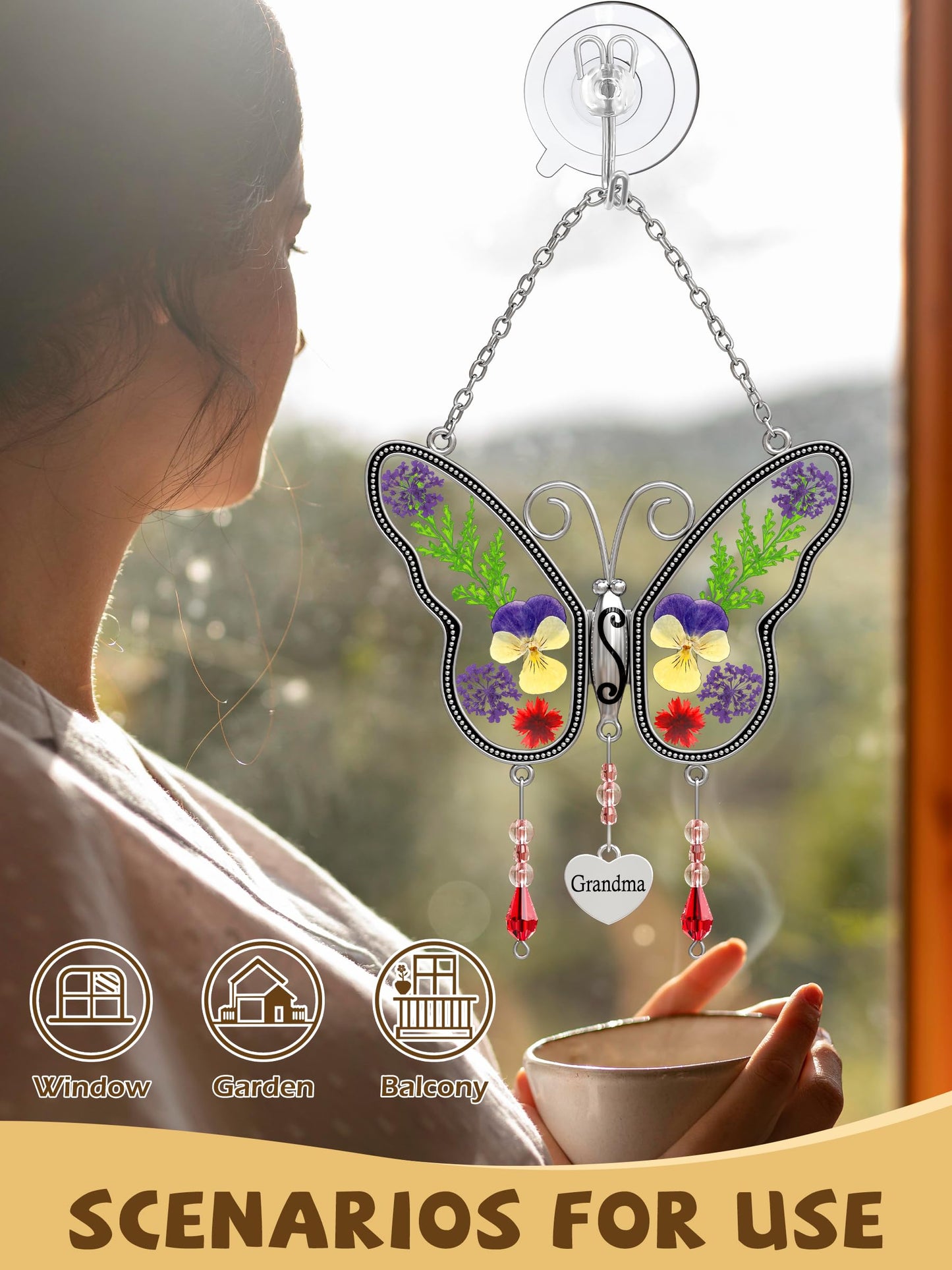 KUNDGLA Butterfly Suncatcher Grandma Stained Glass Sun Catcher for Windows Hangings Ornament with Pressed Real Flower Wings in Glass and Metal Heart Charm Birthday Gift for Women Mothers Day Christmas