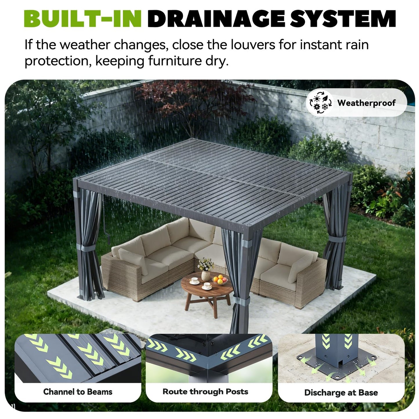 MELLCOM Louvered Pergola 12x12, Steel Aluminum Pergola with Adjustable Louvered Roofs, Outdoor Gazebo with Waterproof Curtains and Nets, Black