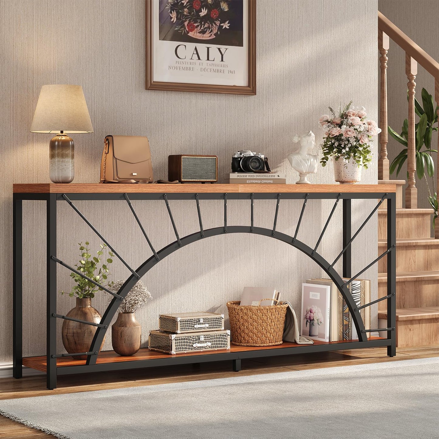 70.9 Inch Console Table, Extra Long Industrial Sofa Tables, 2-Tier Behind Couch Table, Foyer Tables for Entryway, Hallway, Living Room, Unique Design