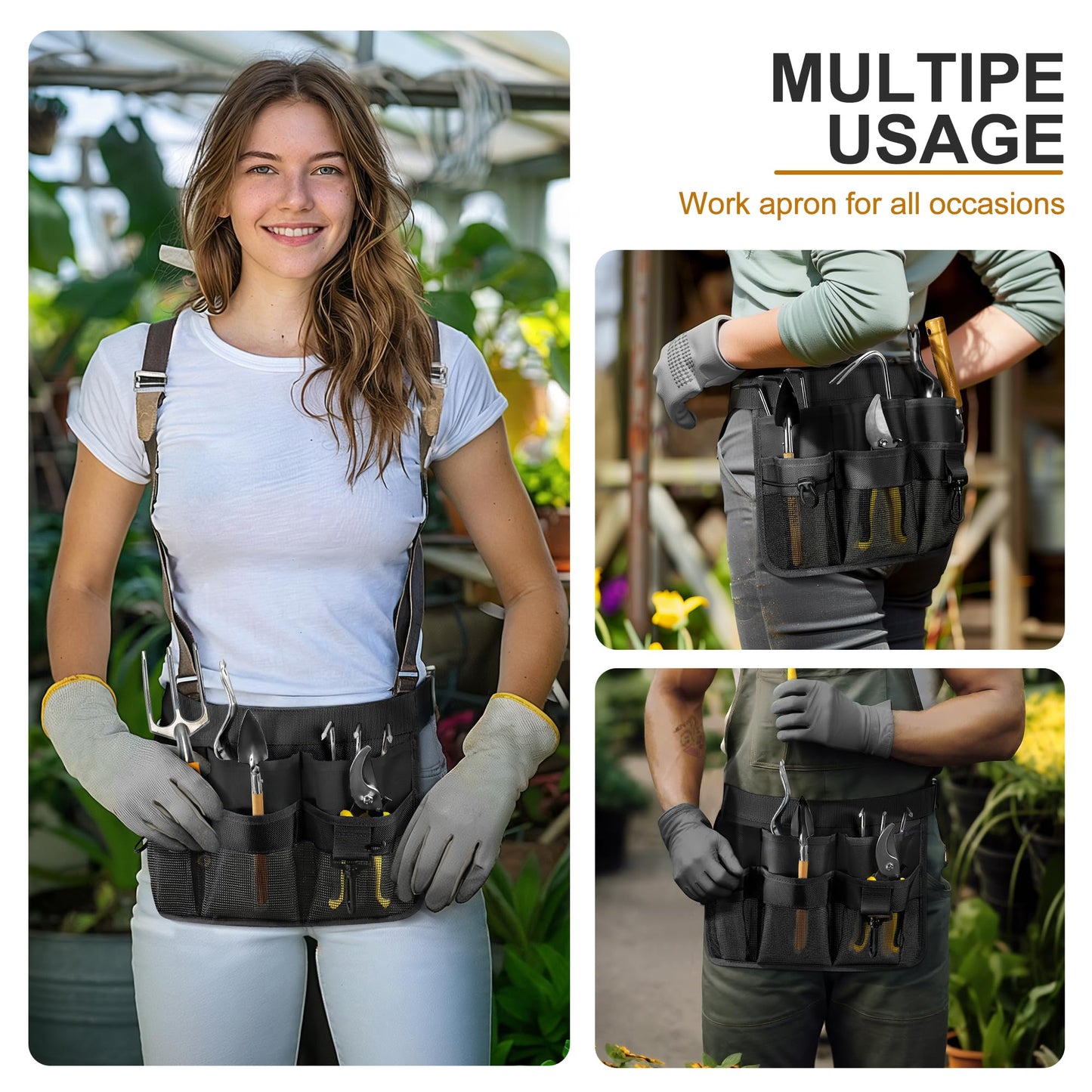 WINHUNT Garden Apron for Women, Adjustable Tool Belt with 8 Pockets - Heavy Duty Oxford Work Belt for Gardening, Construction (Black)