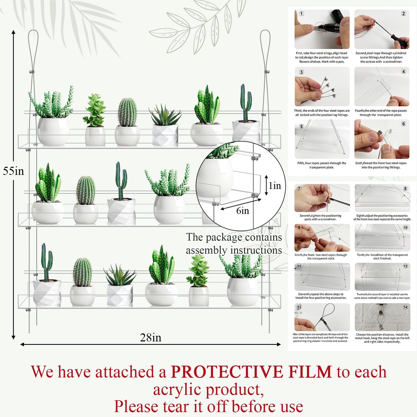 Ziliny 2 Pcs 28 Inch 3-tier Clear Hanging Window Plant Shelves Acrylic Height Adjustable Plant Stand Hanger Flower Pot Organizer Storage for Indoor Window Wall Garden Grow Herb Succulent