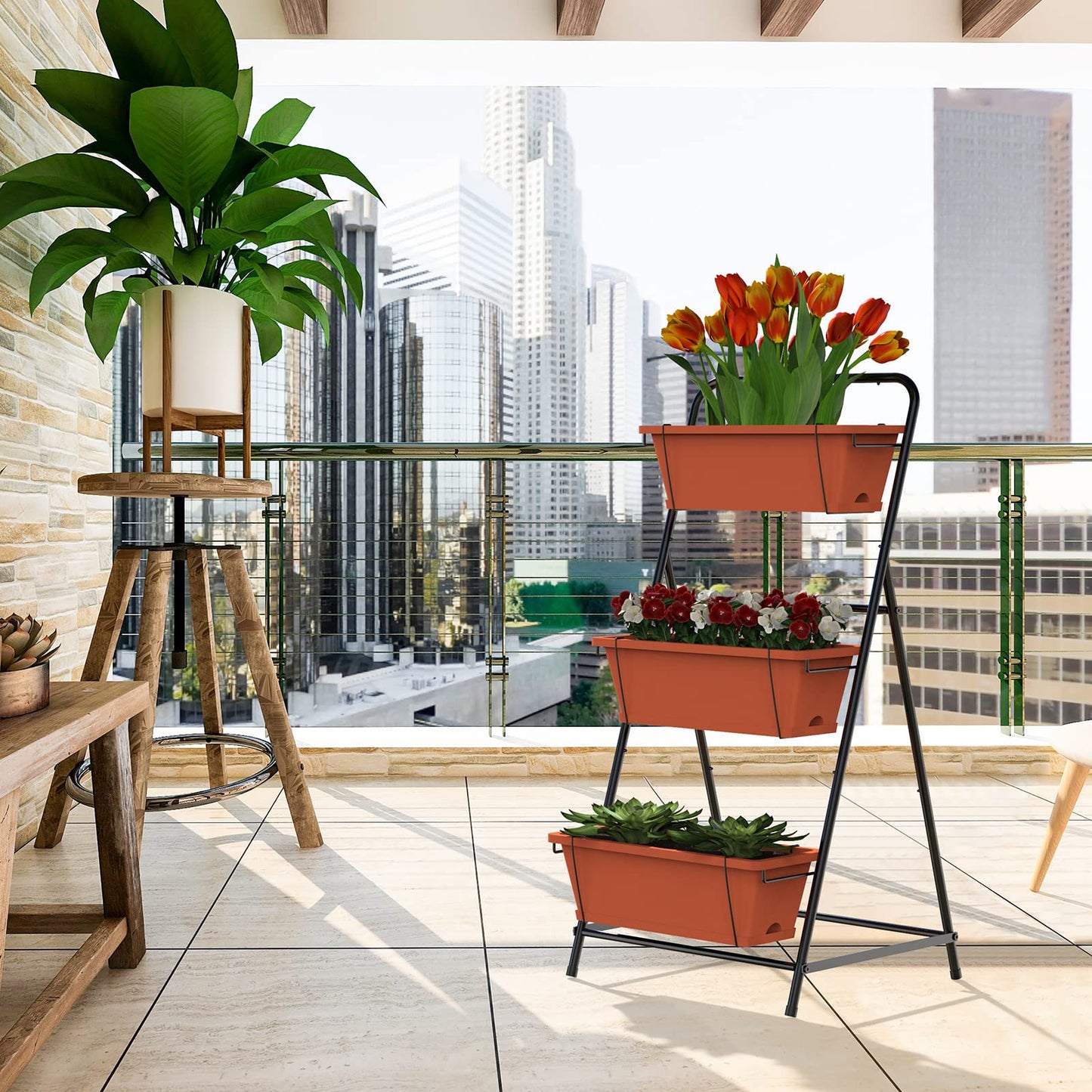 Vertical Garden Planter 3 Tier Vertical Raised Garden Bed Freestanding Elevated Planter Bed with Planter Box and Tray for Indoor and Outdoor Perfect for Vegetables Flowers Herbs Plants Brick Red