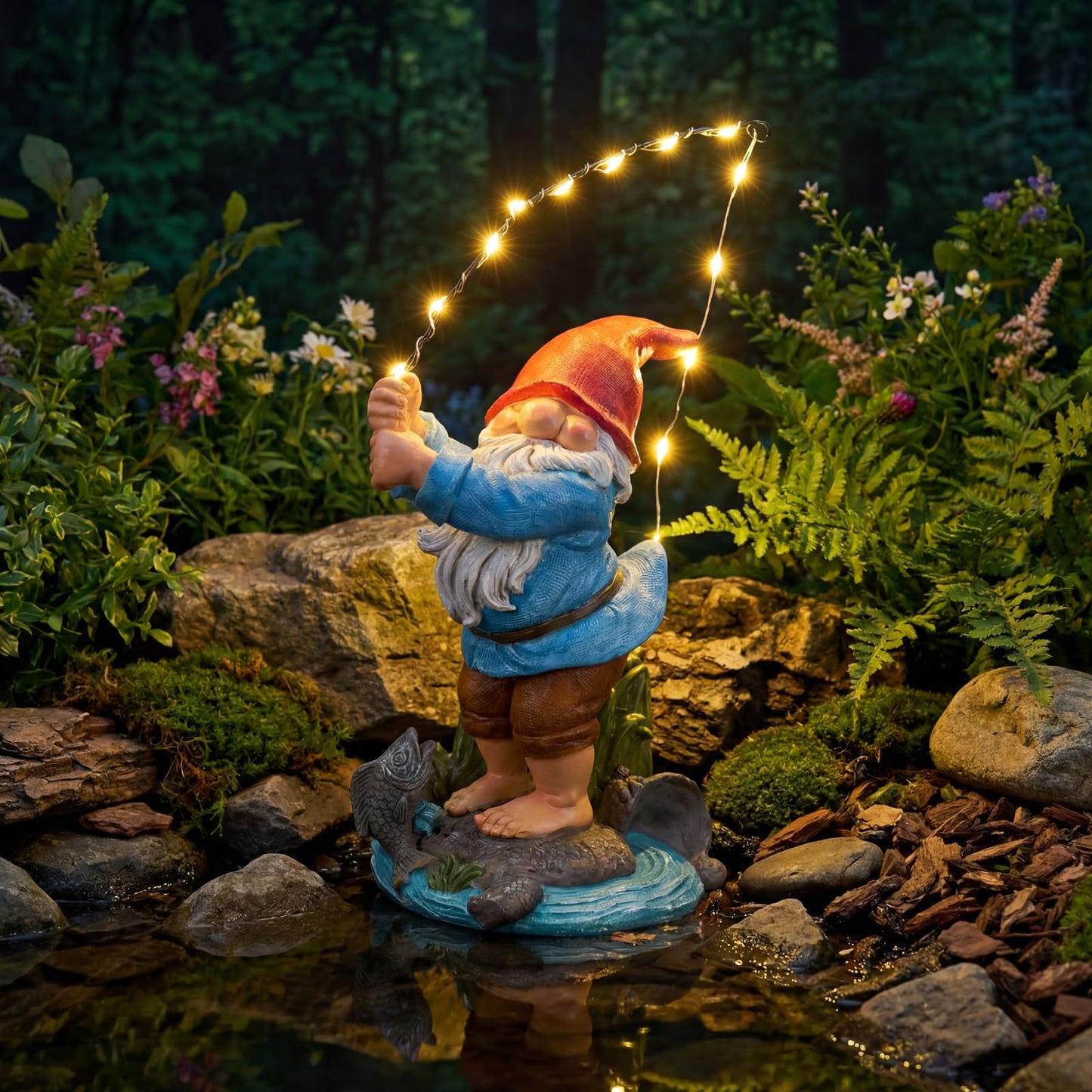 EXYGLO Solar Gnome Garden Statue Decor, 8.5" Fishing Gnome Outdoor Funny Decoration for Lawn, Patio, Yard, and Unique Housewarming, Birthday Ornament Gift for Mother, Friend, Family