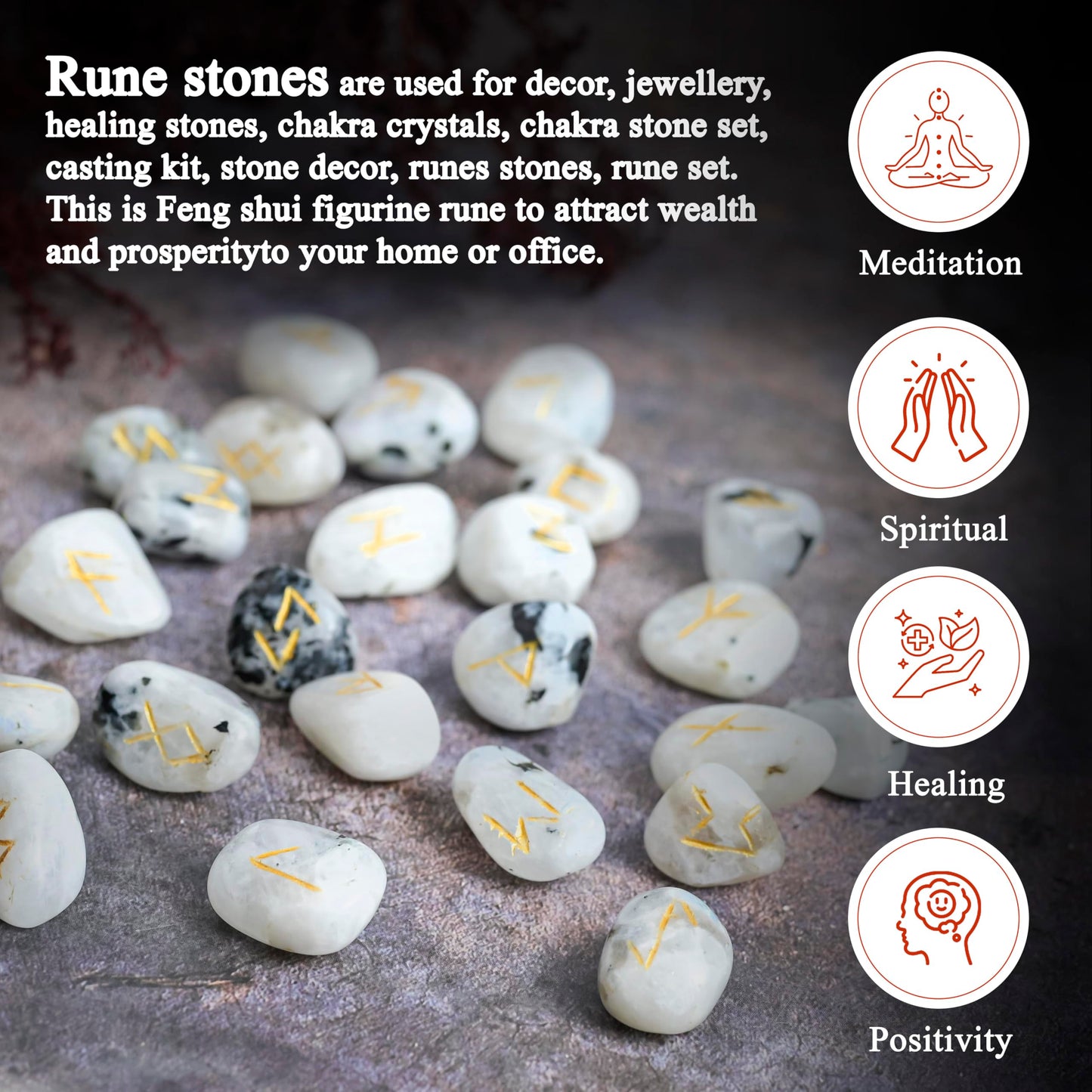 Crocon Rainbow Moonstone Rune Stones Sets 25 pcs for Beginners with Elder Futhark Alphabets for Healing Chakra Crystals Reiki feng Shui Gemstone Runes Set Size: 15-20 mm with a Pouch & Rune brochure
