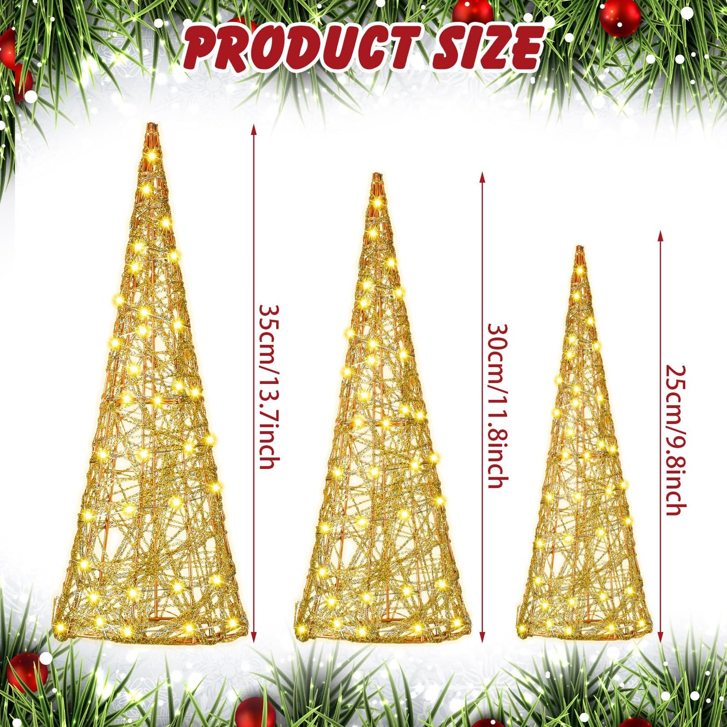 Baquler 3 Pcs LED Lighted Christmas Cone Trees Christmas Tree Ornament Gold Glittered Battery Operated Christmas Decoration Xmas Table Decor for Indoor Home Bedroom Tabletop Centerpiece Holiday Party