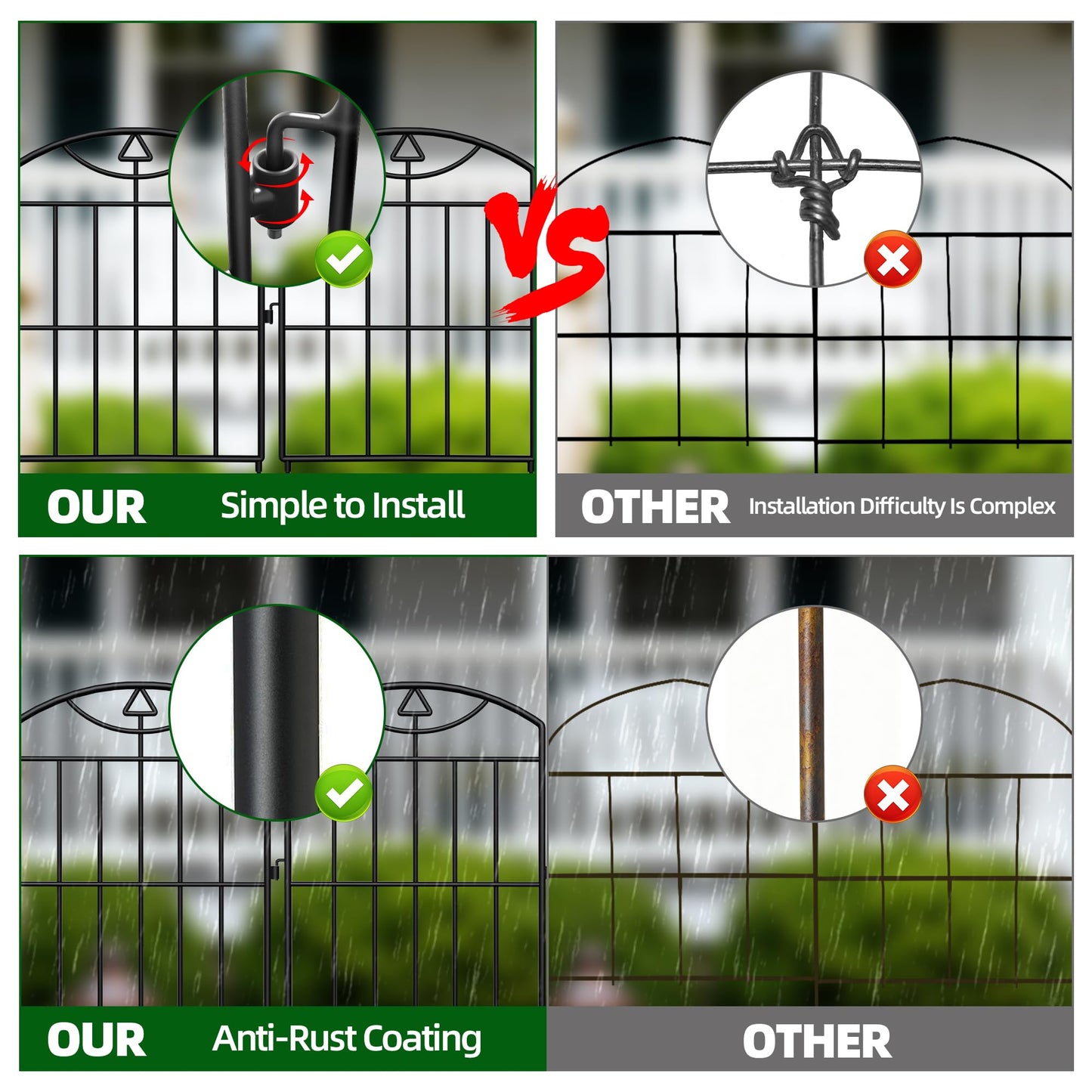 BOWDIMS,10 Panels Outdoor Decorative Garden Fence, 10.5 （ft） L x 24 (in) H, Black Rustproof Metal Wire Panel Barrier Fence, Animal Barrier Fence, for Landscaping and Yard Decoration