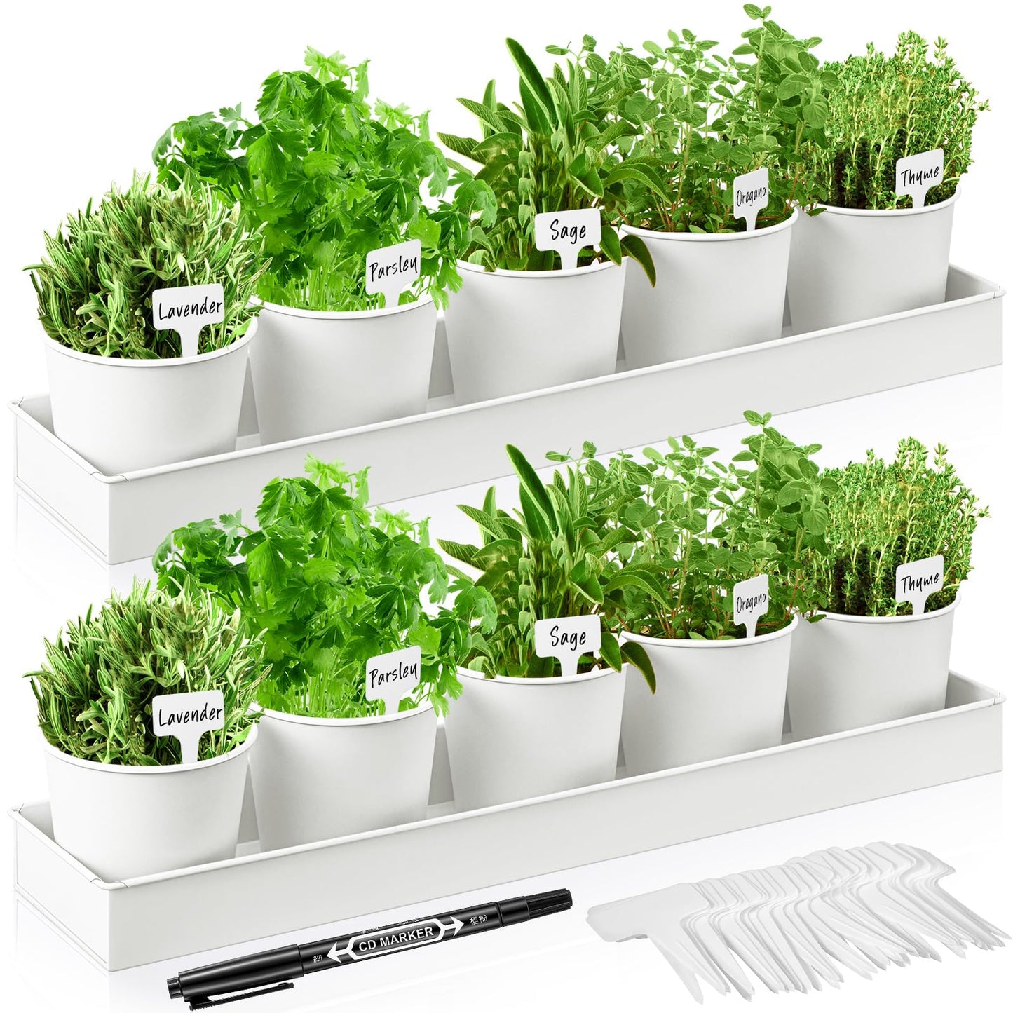 FoldTier 2 Sets Herb Garden Planter Indoor Kit with Trey 10 Pcs Metal Windowsill Plant Pots with Drainage Holes Indoor Herb Planter with Marker and Labels for Home Outdoor Plants(White)