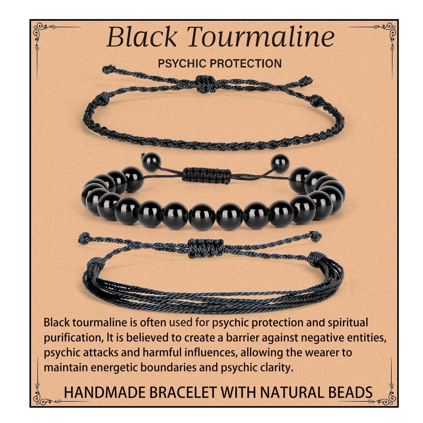 QOGIR Handmade Healing Stones Bracelet,8mm Natural Black Tourmaline Gemstone Beads Bracelet,for Men Women Gifts with 2PCS Size Adjustable Rope Bracelets