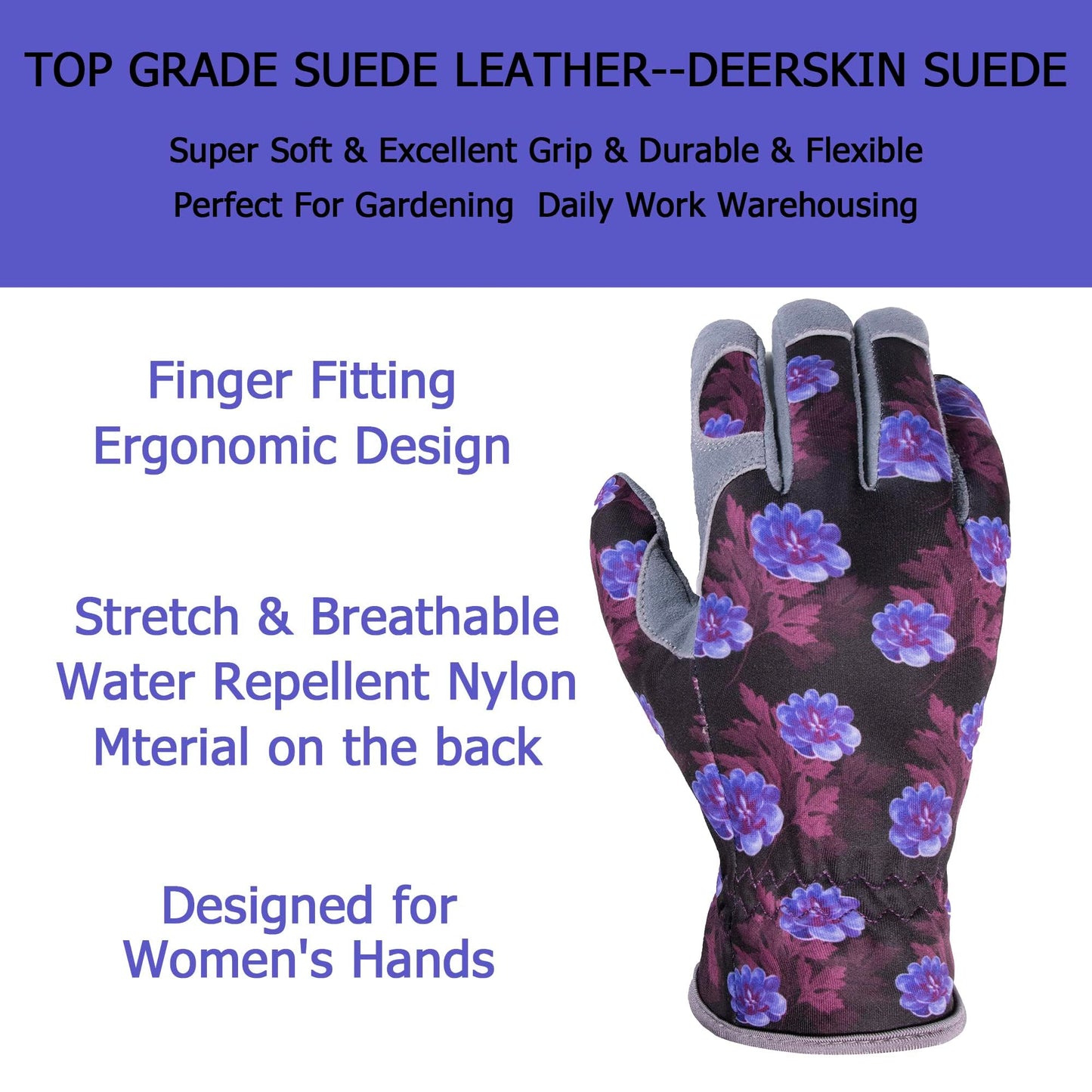 SKYDEER Premium Genuine Deerskin Suede Women's Gardening Gloves, Ultra-Soft Padded, Comfort Fit for Work (SD6613/M)