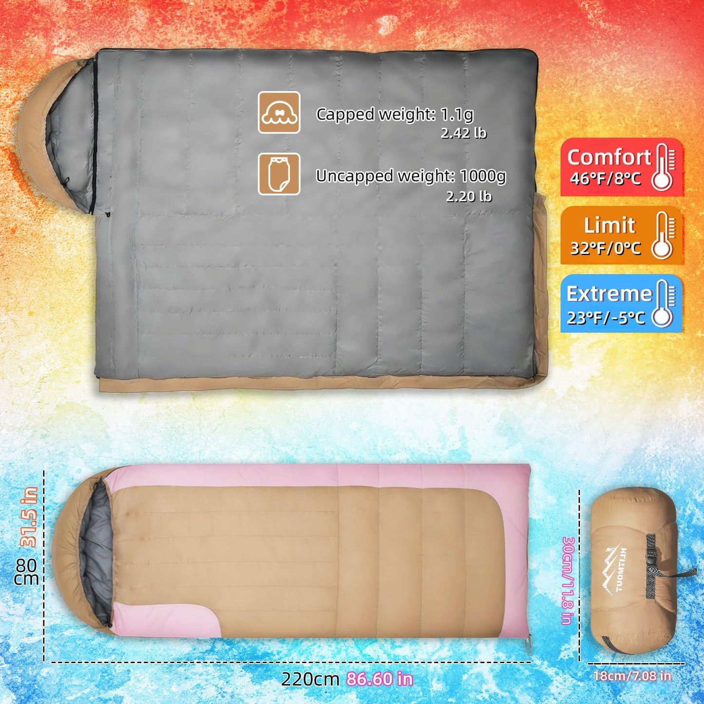 HLITMOUT 3-in-1 Down Sleeping Bag,Rectangular Lightweight Blanket Sleeping Bag for Adults,Teens Camping Hiking and Backpacking Outdoor and Indoor