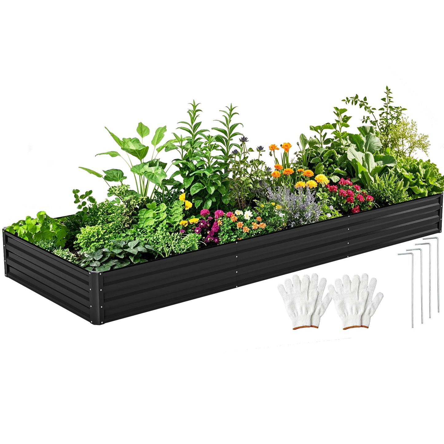 DWVO 12 x 4 x 1 FT Raised Garden Bed Kit, Outdoor Galvanized Flower Bed with Safety Rubber and Gloves, Large Metal Planter Box for Vegetables, Flowers, Herbs, Fruits, Black