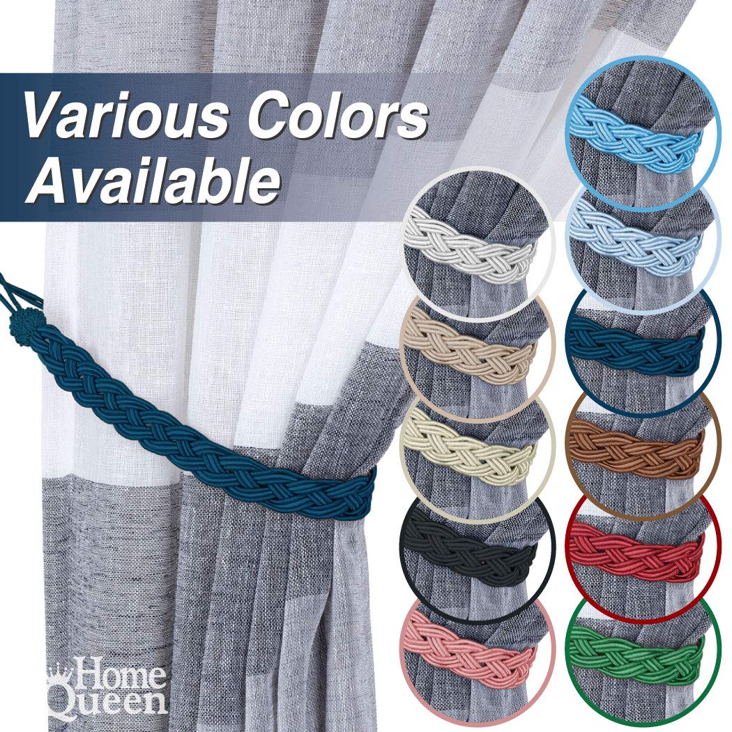 Home Queen Hand Braided Curtain Tie Back, Buckle Holdback Drapery Curtain Tiebacks, 2 Rope Belt Curtain Tie with 2 Metal Hooks, Navy