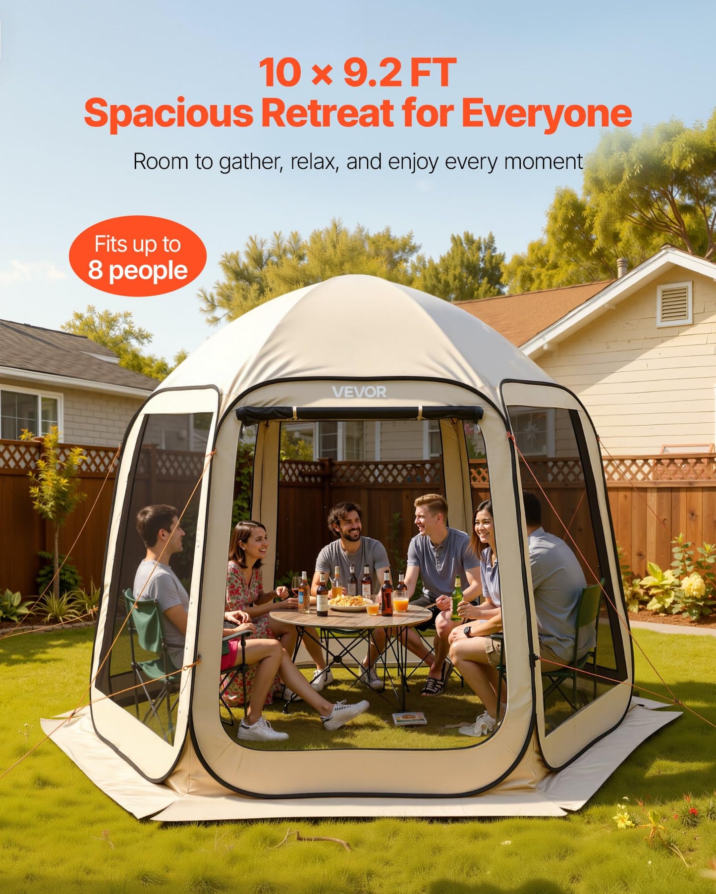 VEVOR Pop up Screen House Tent, 10 x 9.2 ft, 4-8 Person Screen Gazebo, Portable Screened in Canopy with Carry Bag, Netting Sides, Ground Stakes, for Garden, Patio, Backyard, Outdoor Activities, Beige