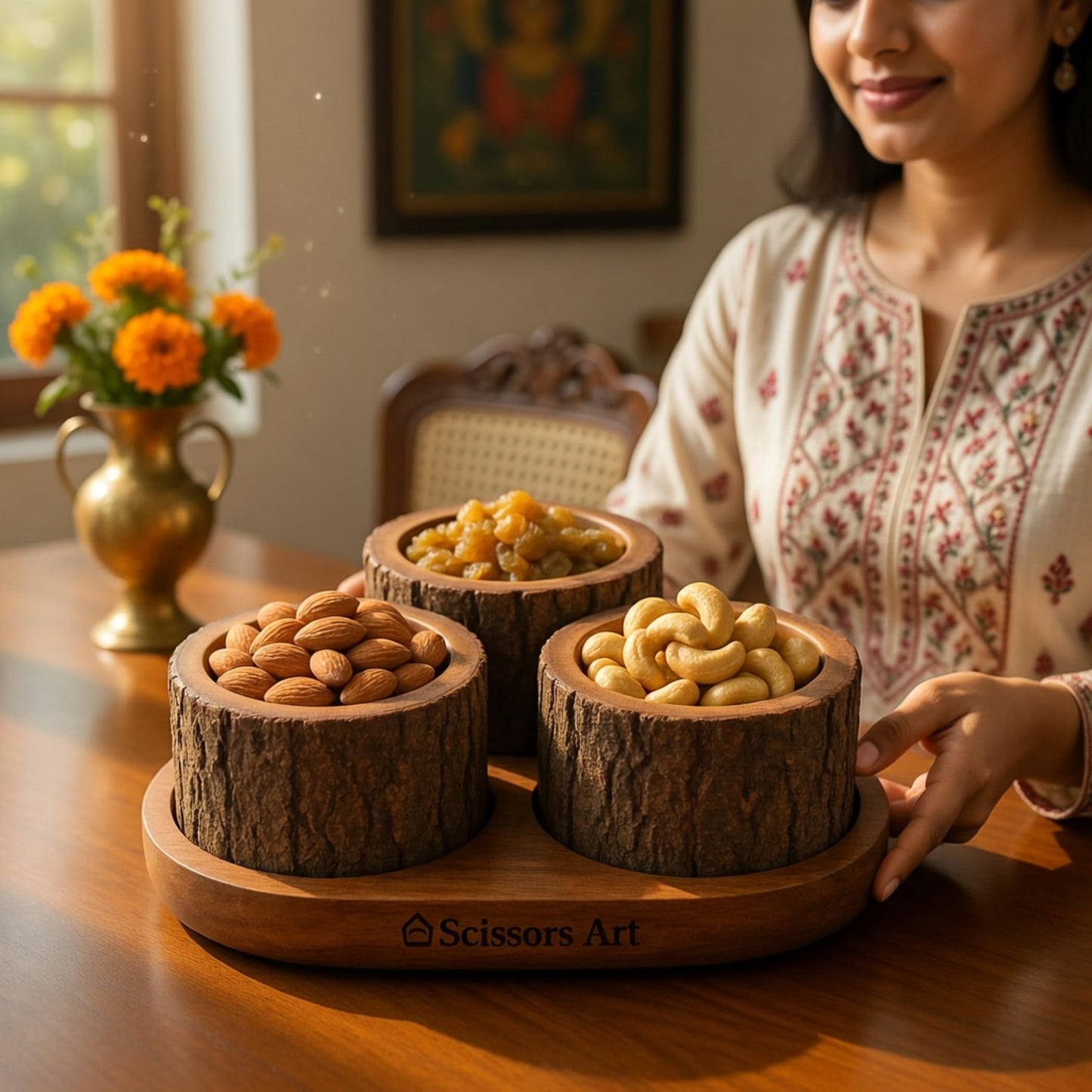 Scissors Art Wooden Dry Fruit Serving Set – 360° Rotating Divided Snack Organizer | Fruit & Veggie Platter for Party, Candy, Appetizer & Condiment Serving Bowls (3 Bowl Set)