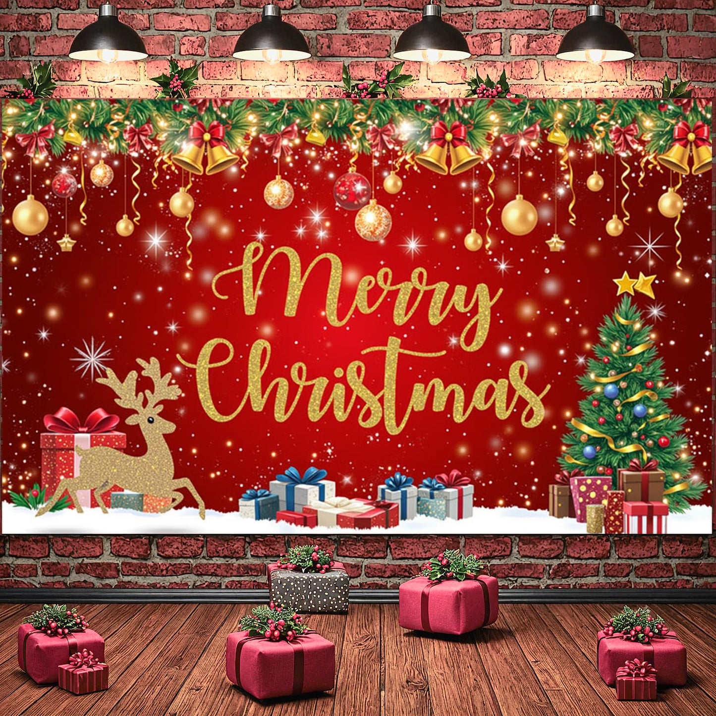 Red Gold Merry Christmas Banner Festive Party Backdrop Xmas Decorations for Home Office Christmas Eve Holiday Celebration