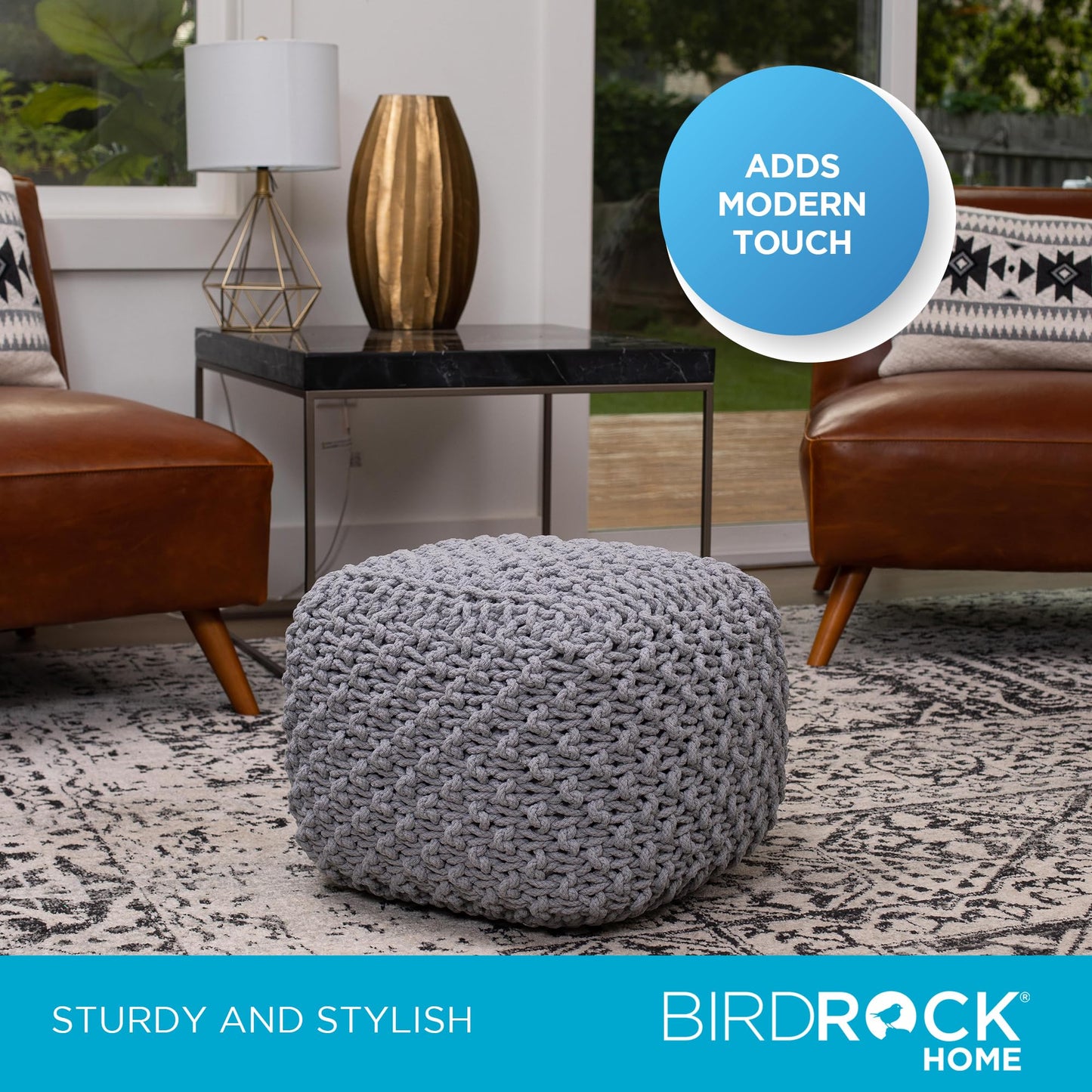 BIRDROCK HOME Square Pouf Ottoman | Cotton Braided Foot Stool with Bean Bag Filling | Boho Foot Rest for Living Room, Bedroom | Compact & Comfortable Seating, Lightweight & Sturdy | Grey