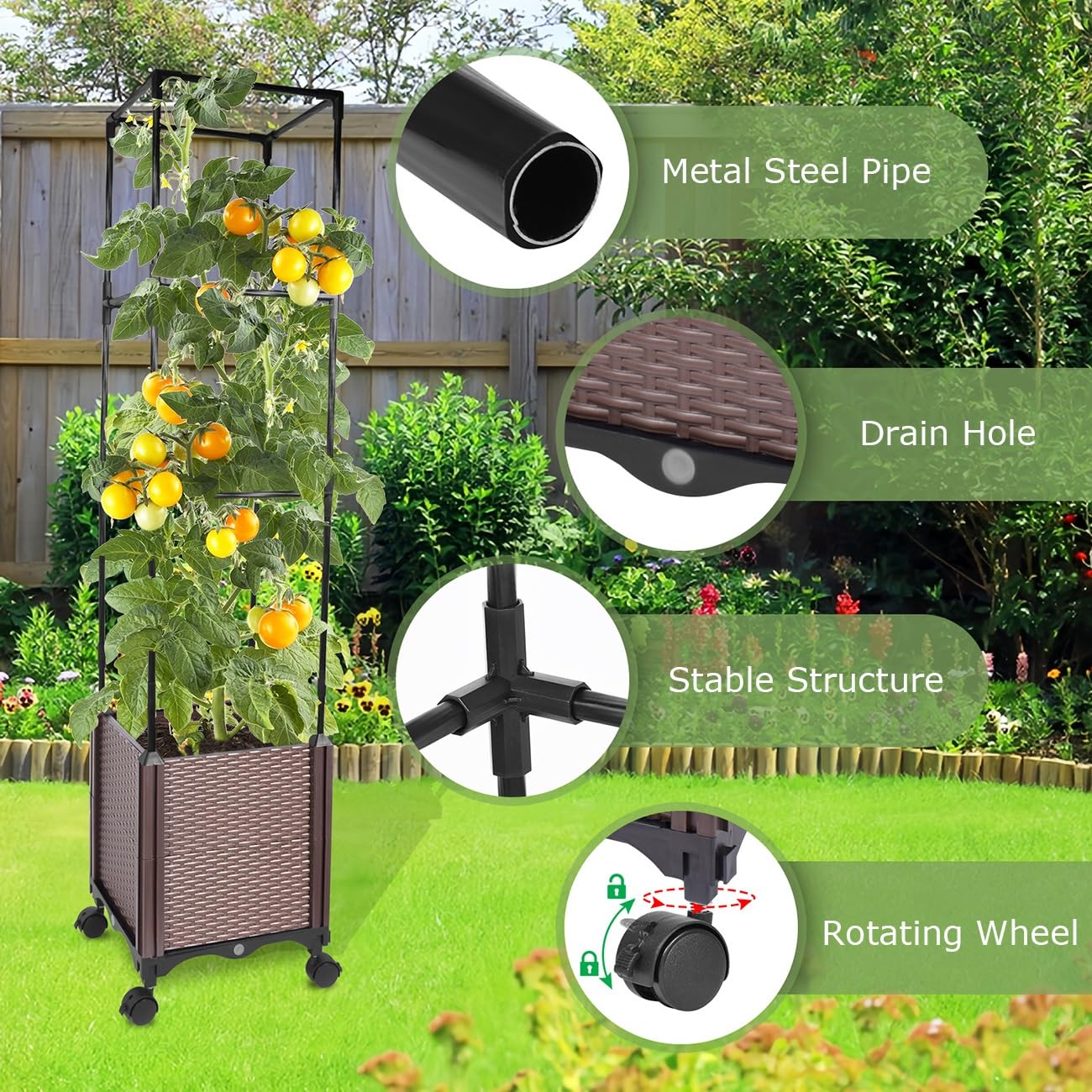 2-in-1 Raised Garden Bed Planter Box with Trellis Wheels, Tomato Cage for Indoor Outdoor Climbing Plants Vegetable Vine Flowers(180cm/70.9″)