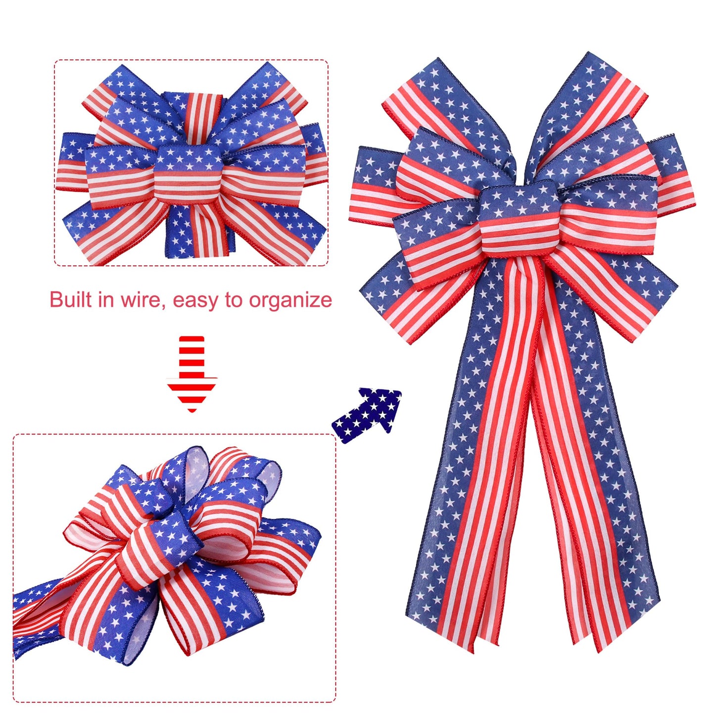 EVRWO 2 PCS Large Patriotic Wreath Bows Star and Stripe America Flag Bow 4th of July Red Blue Burlap Bow for Veteran's Day Independence Day Memorial Day Front Door Holiday Party Home Decor 20 * 12"