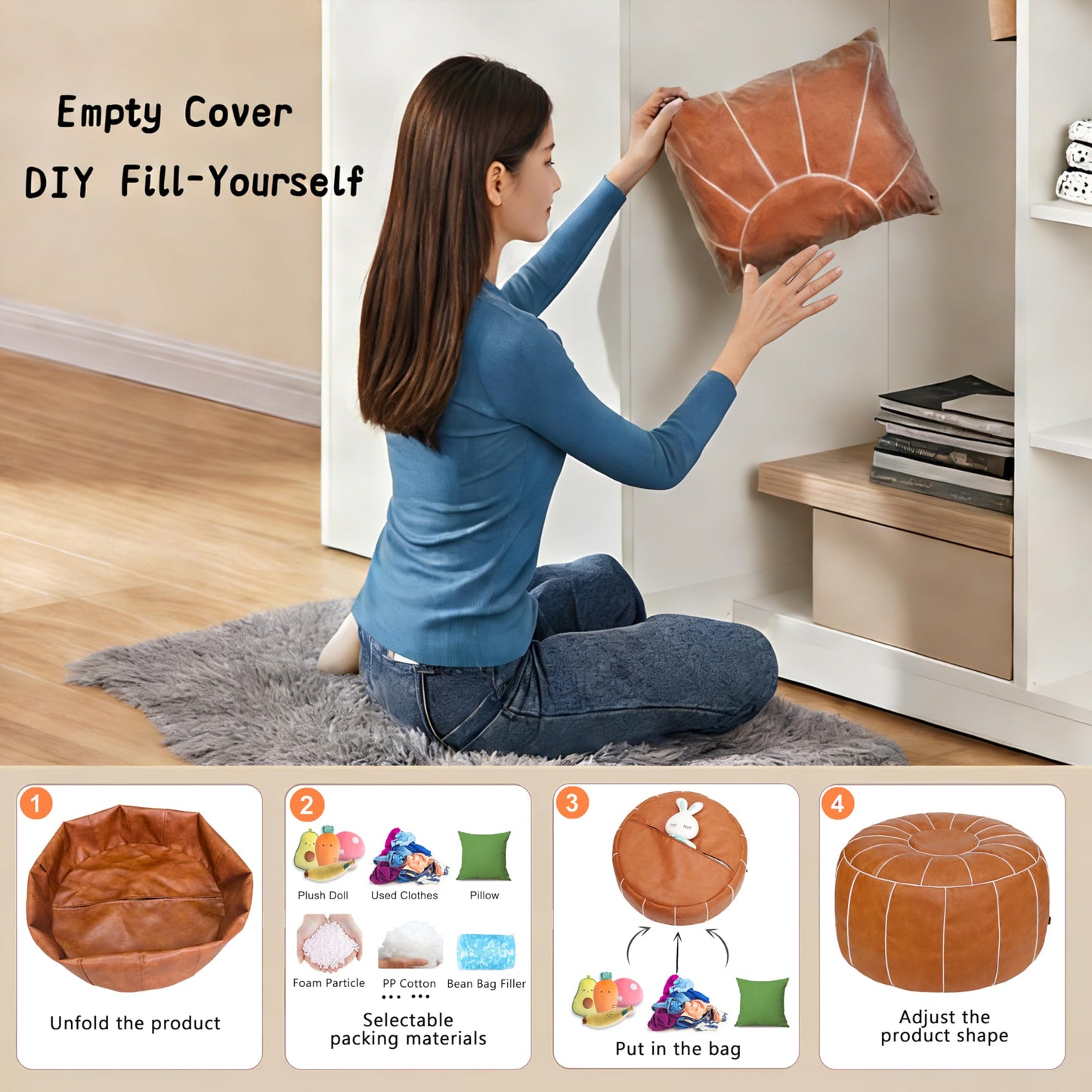Thgonwid Unstuffed Moroccan Storage Pouf Foot Stool Ottoman Seat Handmade Faux Leather Bean Bag Floor Chair Foot Rest for Living Room, Bedroom or Balcony (Brown)