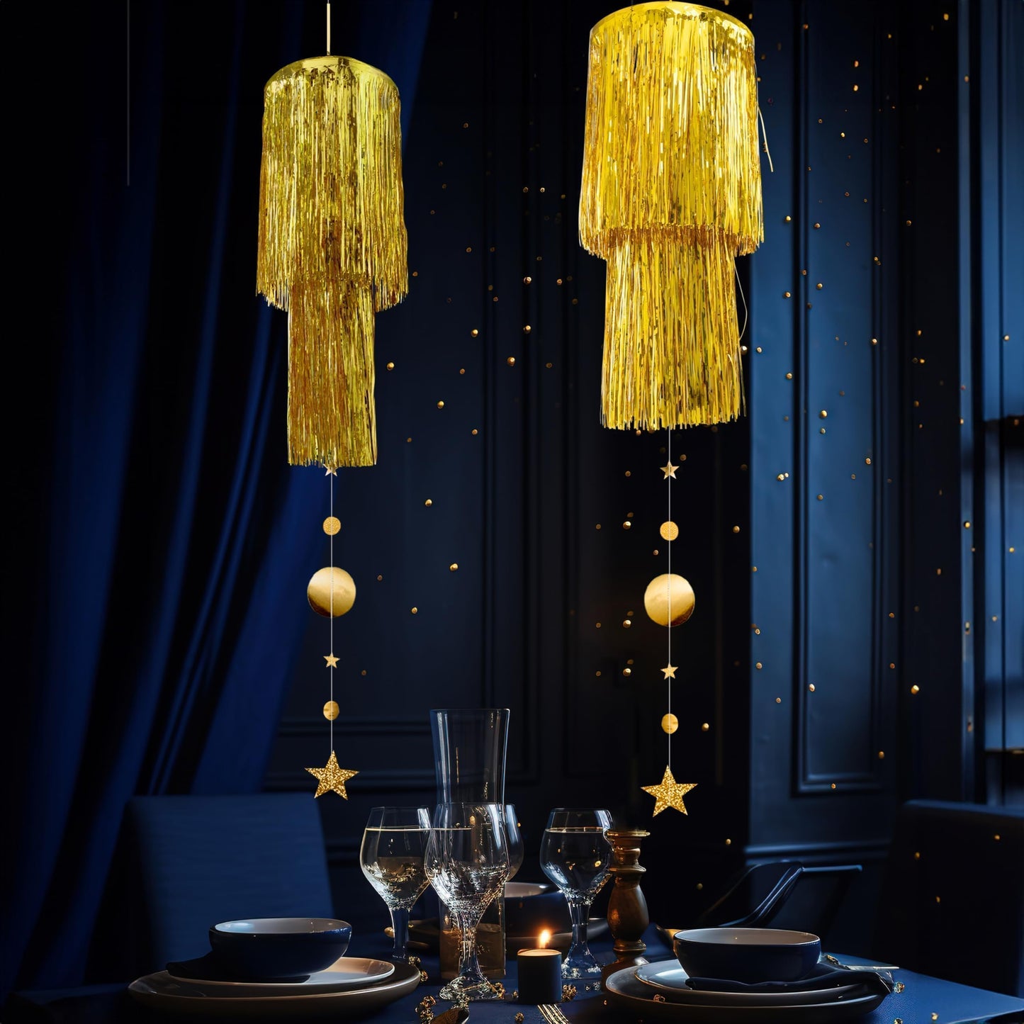 Cheerland Gold Tinsel Chandelier Mothers Day Party Decor 2 Tier Haning Fringed Circle Star Garland for Graduation Birthday Anniversary Bridal Shower Wedding Ceiling Best Mom Day Decorations Supplies