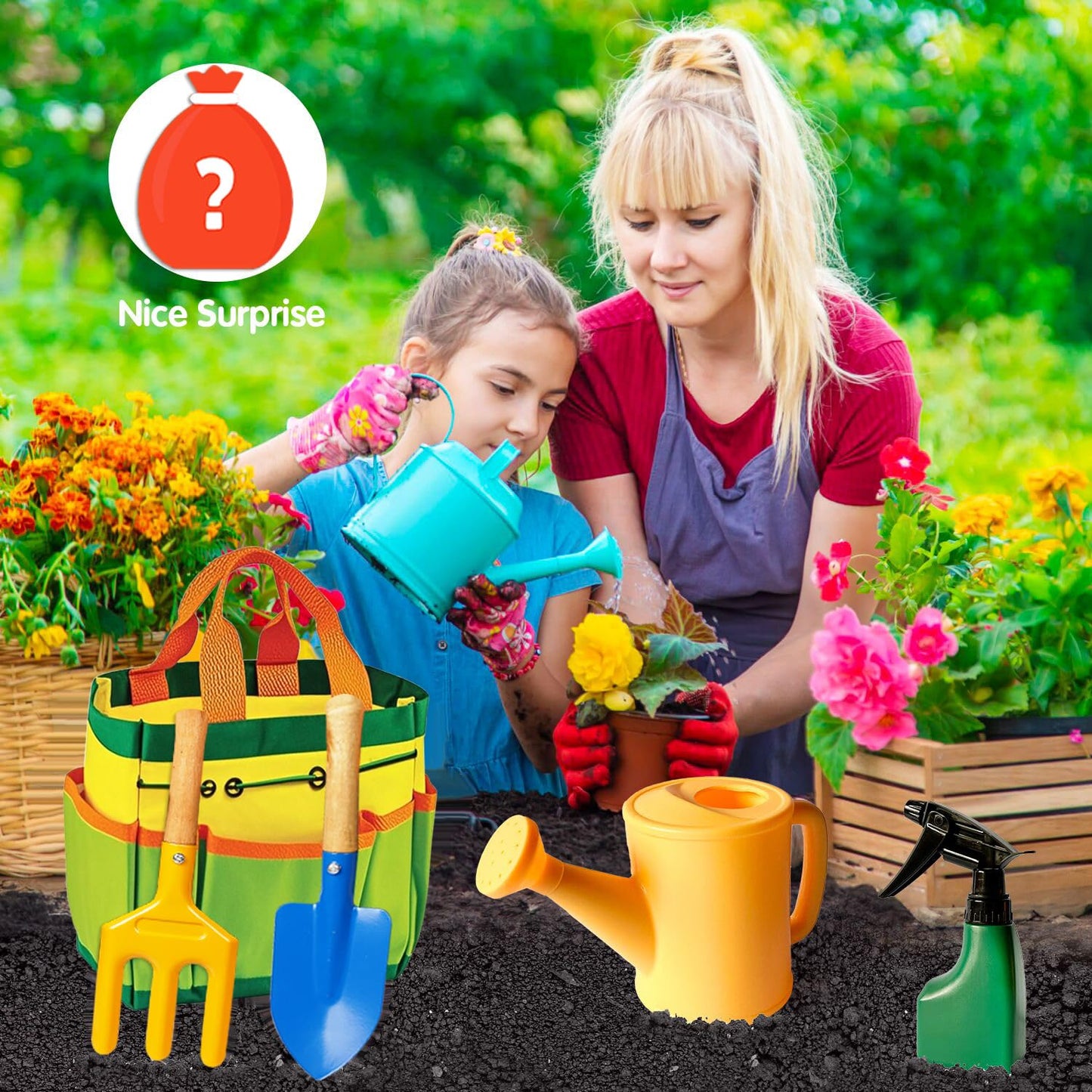 Kids Gardening Tools, Toddler Gardening Set for Kids Includes Rake, Shovel, Trowel, Apron Gloves Watering Can and Tote Bag, Spray Bottle, Kids Garden Tools Best Outdoor Toys Gift for Boys and Girls