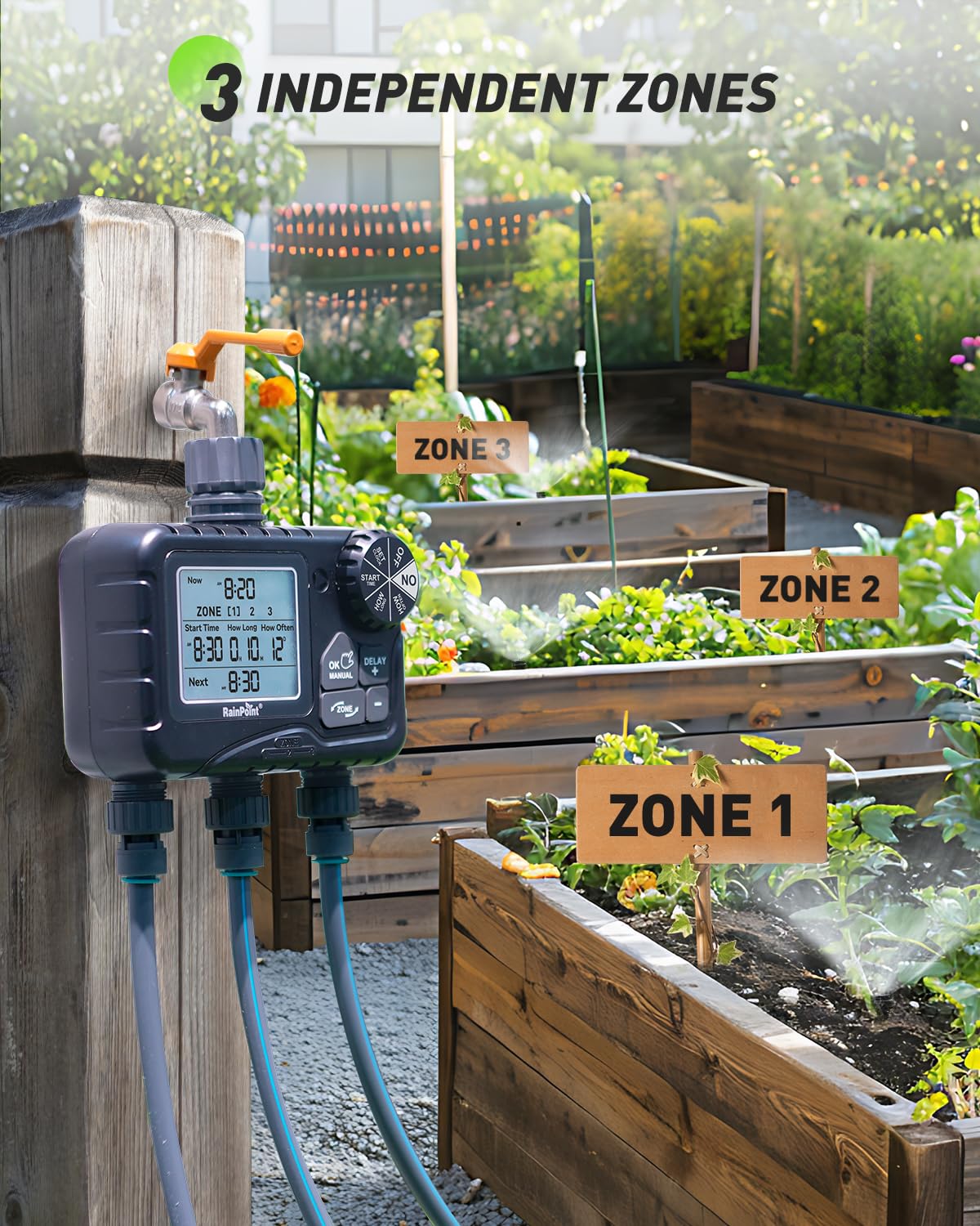 RAINPOINT Sprinkler Timer 3 Zone, Programmable Water Timer for Watering with Automatic/Manual/Rain Delay/Watering Mode, IP65 Waterproof, Large LCD