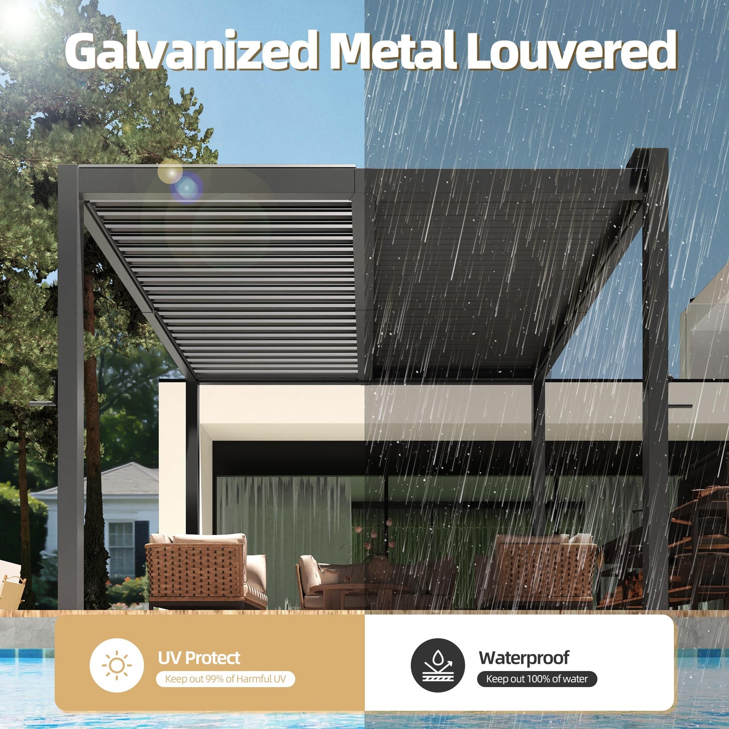 10' x 10' Outdoor Aluminum Louvered Pergola with Adjustable Roof, Upgraded Side Short-Rod Control, Easy Assembly, Modern Hardtop Gazebo for Patio, Deck, Backyard, Garden