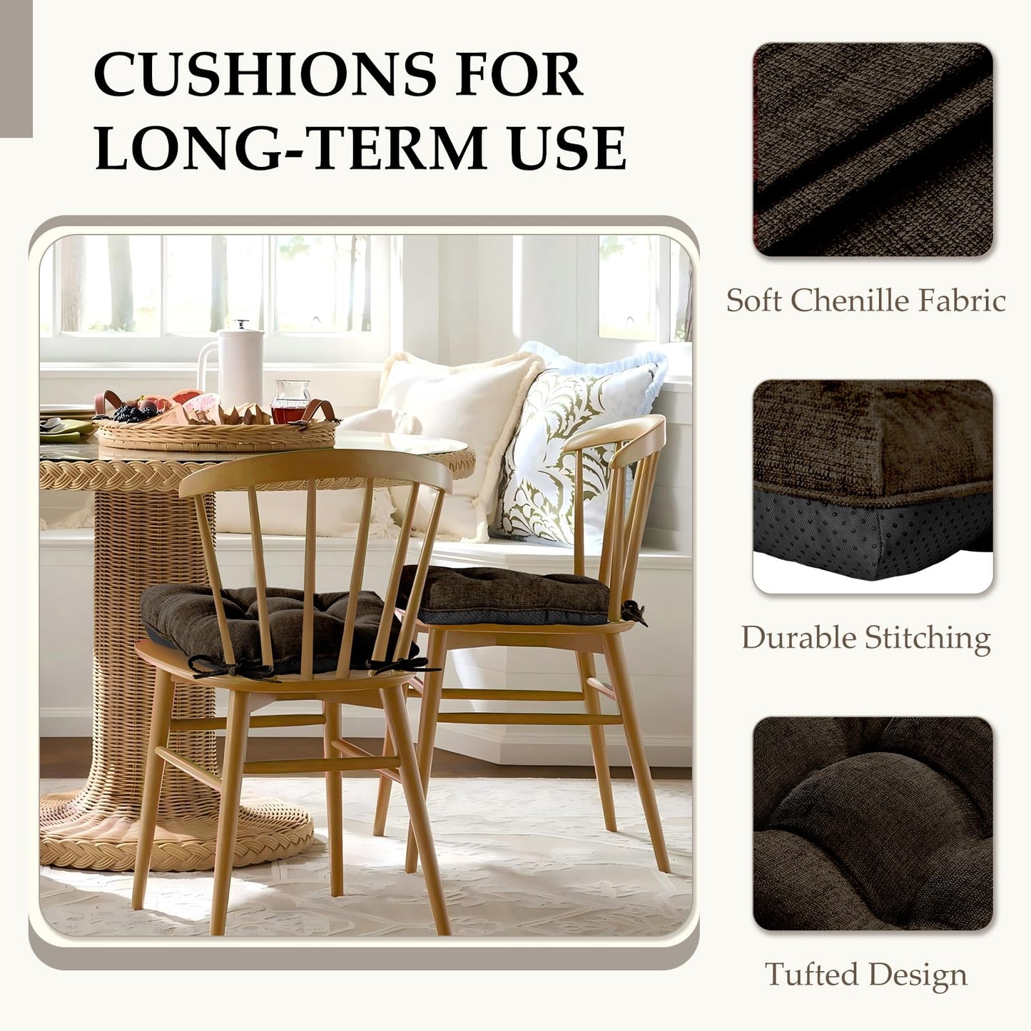 HARBOREST Chair Cushions for Dining Chairs Set of 2 - Chenille Tufted Kitchen Chair Cushions with Ties and Non-Slip Bottom, Foam Chair Pads for Dining Chairs, 17" x 17", Chocolate