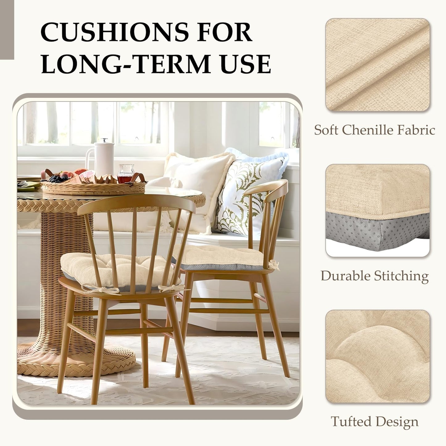 HARBOREST Chair Cushions for Dining Chairs Set of 4 - Chenille Tufted Kitchen Chair Cushions with Ties and Non-Slip Bottom, Foam Chair Pads for Dining Chairs, 17" x 17", Ivory