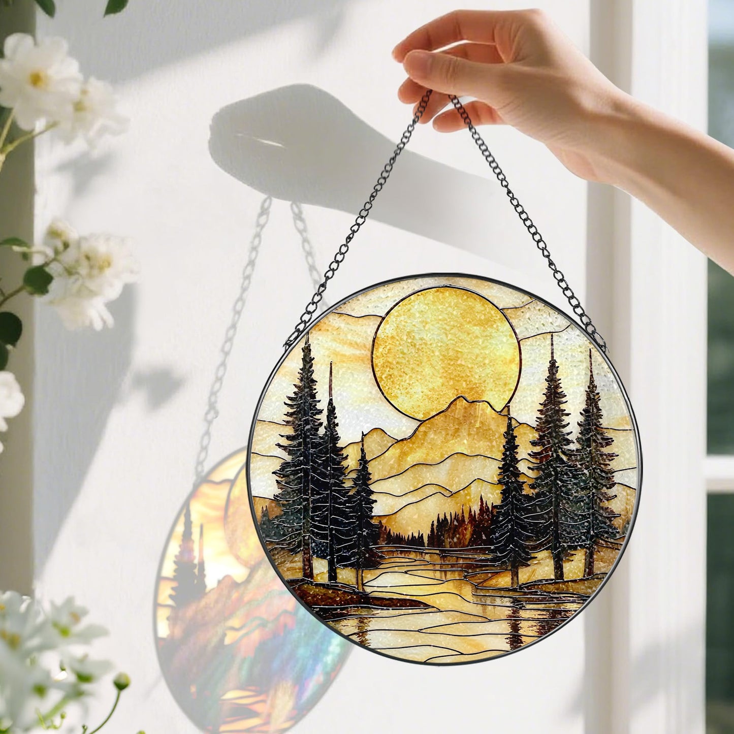 8-Inch Stained Glass Ornament, Stained Glass Window Hanging, Window Hanging Decor Suncatcher, Mountain Sunset Ornament | Holiday, Mother’s Day, Housewarming | Gifts for Nature Lovers, Friend & Family