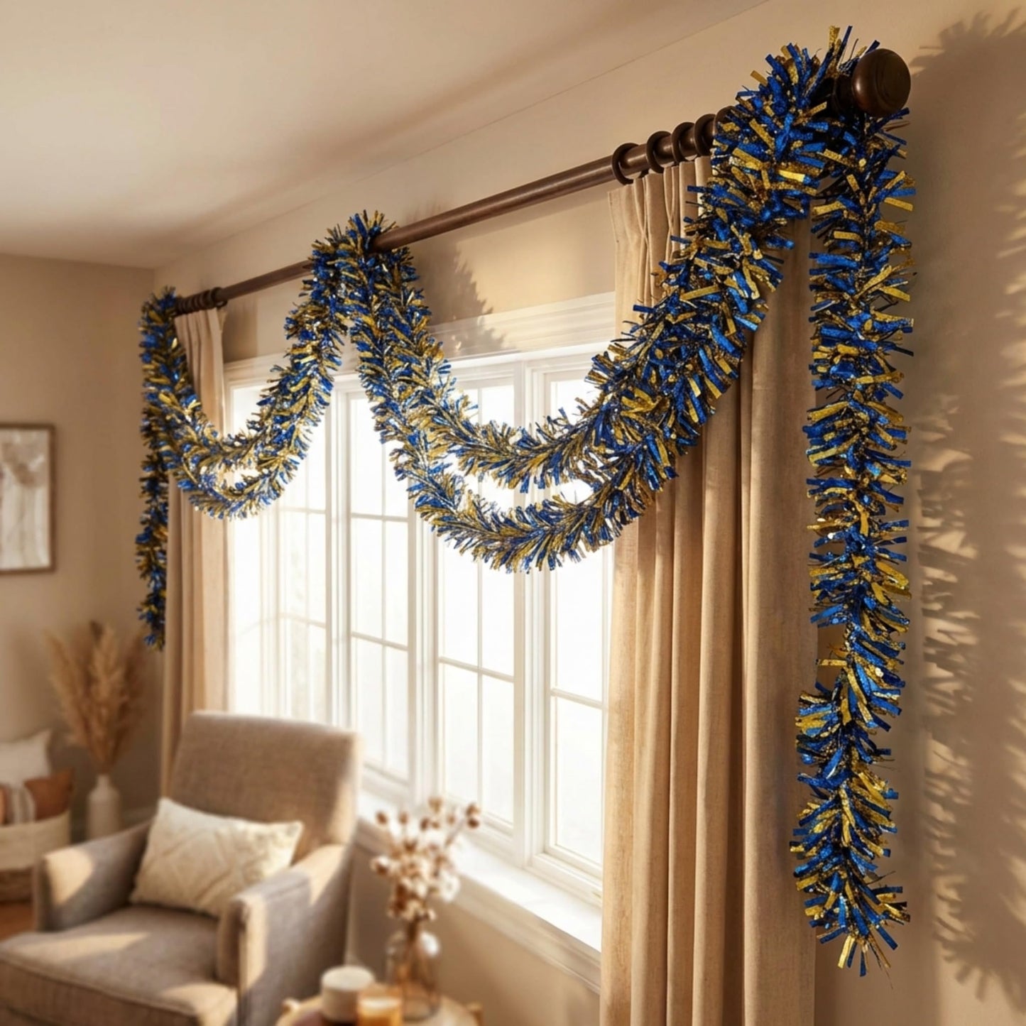 Anderson's Metallic Blue & Gold Tinsel Twist Garland, 25ft Holiday Decoration, Christmas Tree Trim, Parade Float Decor, Party Supplies, Halloween, Graduation, Indoor Outdoor Event Garland