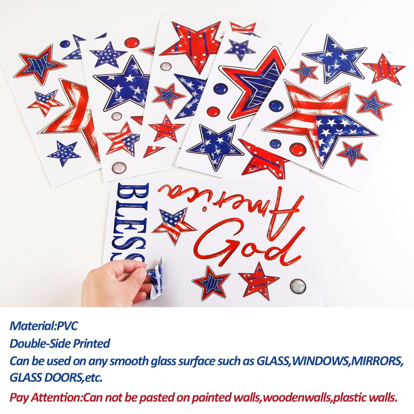 Patriotic Window Clings Red Blue Stars God Bless America Window Stickers Double-Side Glass Decals for Home Office School Independence Day Party Decor,6 Sheets