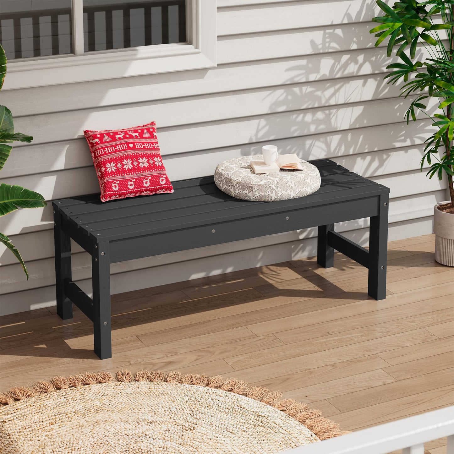 SERWALL 47 Inches Outdoor Bench, All Weather HDPE Backless Bench with Wood Grain Texture for Garden Porch and Park, Curved Bench Seat for Comfort, Black