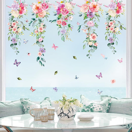 Whaline 9 Sheets Spring Summer Hanging Flower Vine Window Cling Stickers Eucalyptus Floral Glass Decals Watercolor Pink Purple Reusable Window Decoration for Party Home Classroom