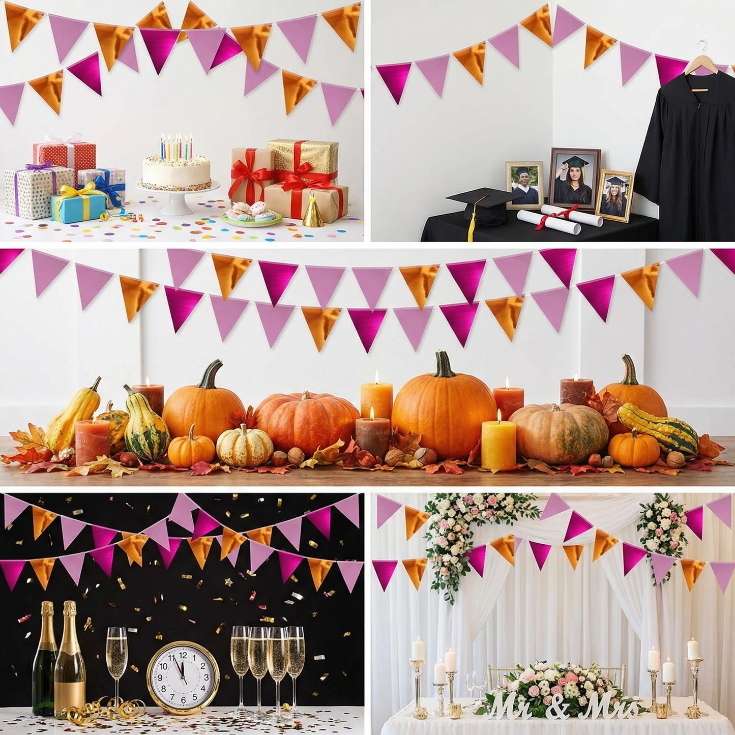 64ft Rose red Pink and Orange Triangle Pennant Banner Flag Metallic Paper Bunting Garland for Hanging Backdrop Birthday Decorations Graduation Bachelorette Bridal Wedding Shower Party Supplies