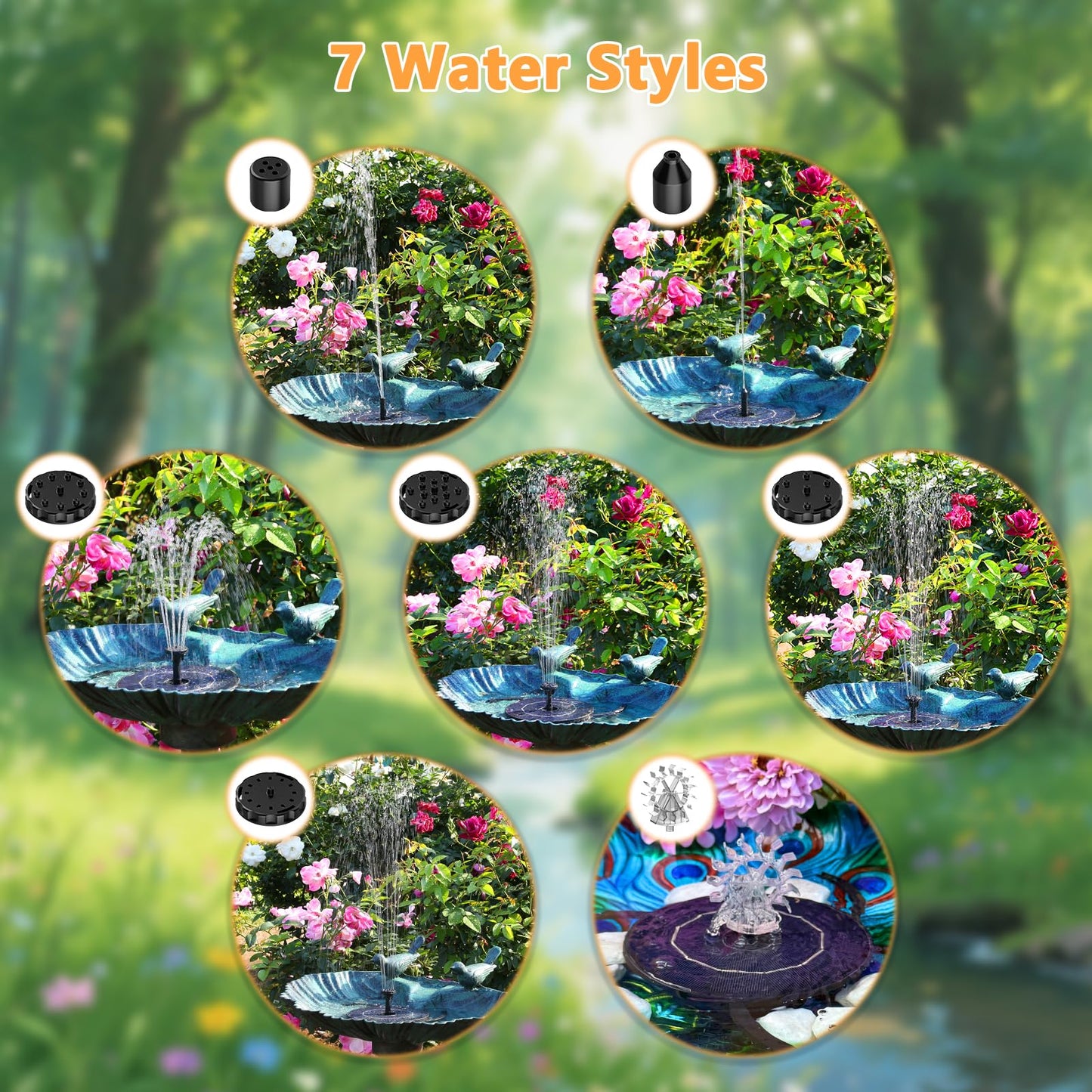 AISITIN 2.8W Solar Fountain Pump for Bird Bath Upgraded 2026, Floating Solar Powered Water Fountain Built-in 1000mAh Battery with 7 Nozzles & 3 Integrated Bracket for Bird Bath and Outdoor Garden