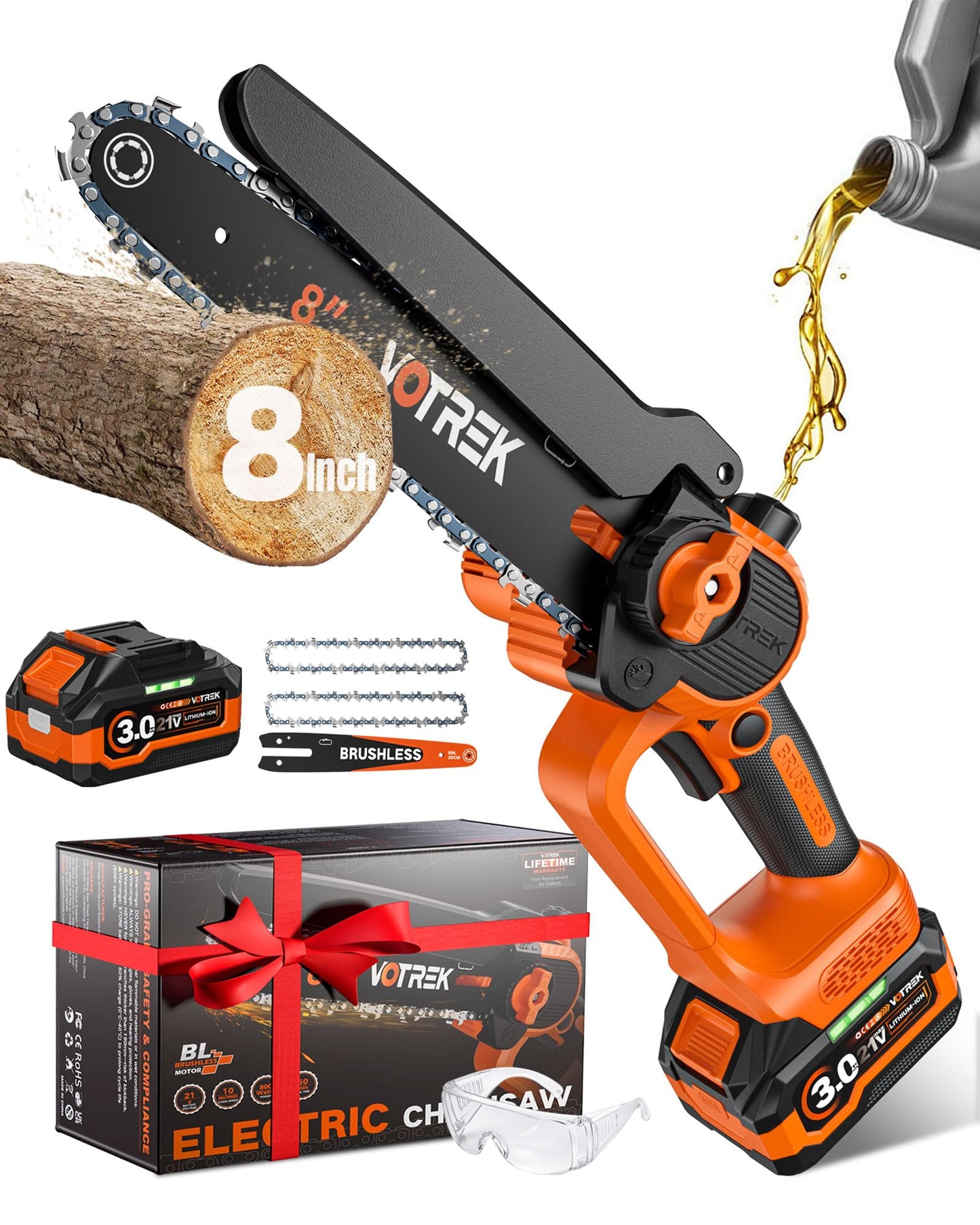 VOTREK® 8-Inch Mini Chainsaw Cordless, 3.0Ah Battery Powered Electric Chain Saw with 2 Chains, Brushless Motor, Auto Oiler, Tool-Free Tensioner for Tree Trimming and Yard Cleanup
