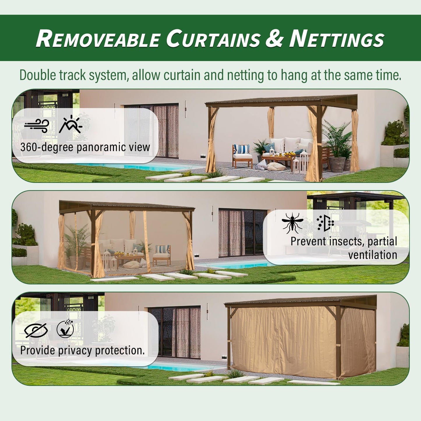 Domi 10x14FT Lean to Gazebo with Gutters, Outdoor Wall Mounted Pergola Hardtop with Galvanized Steel Sloping Roof, Patio Metal Canopy with Curtains and Nettings, Outside Awning for Backyard, Garden