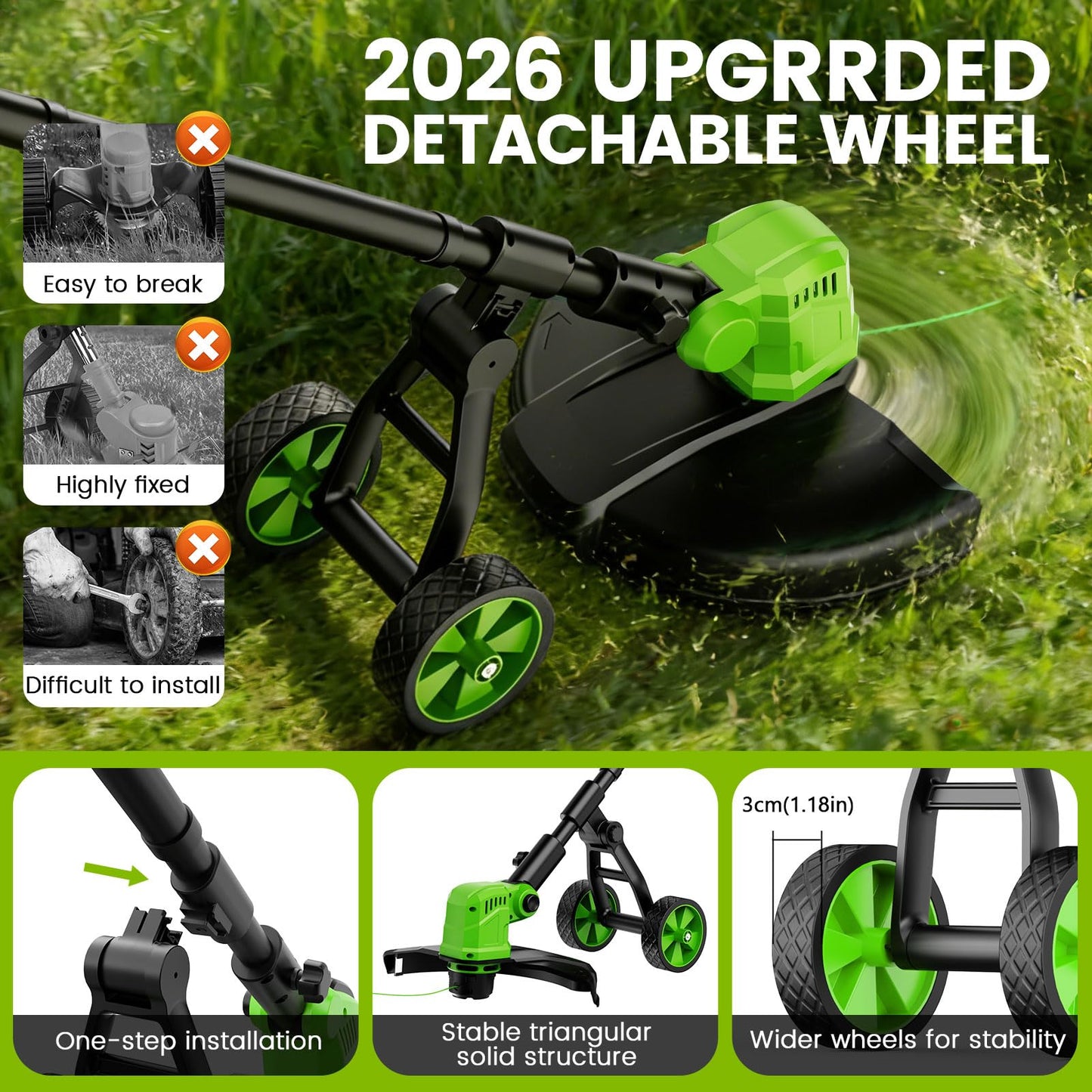 14" Electric String Trimmer Cordless Battery Powered Weed Eater with Wheel, 3-in-1 Cordless Grass Trimmer/Electric Weed Wacker/Edger, Weed Trimmer with 8 Replacement Spools for Garden, Lawn (Green)
