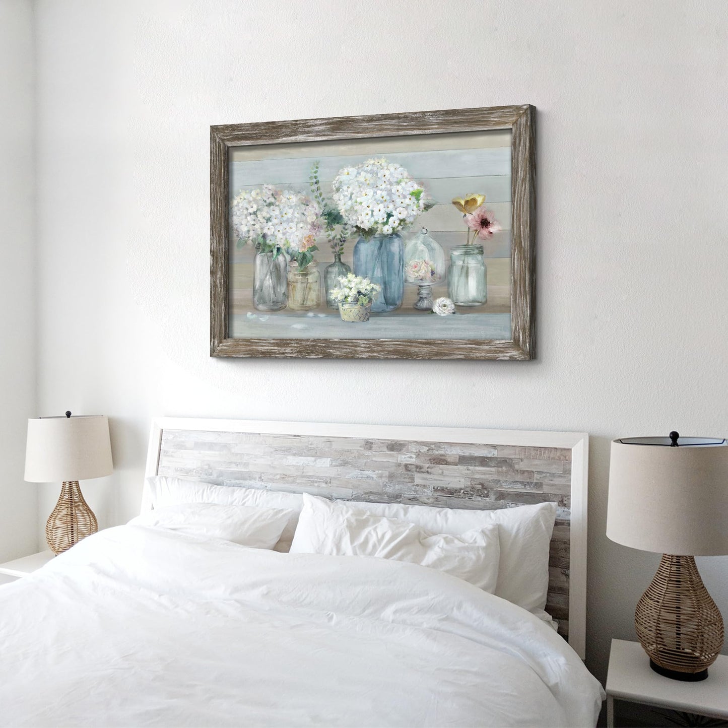 Framed Wooden Flowers Wall Art: Large Florals Vase Picture Botanical Plants Artwork for Living Room