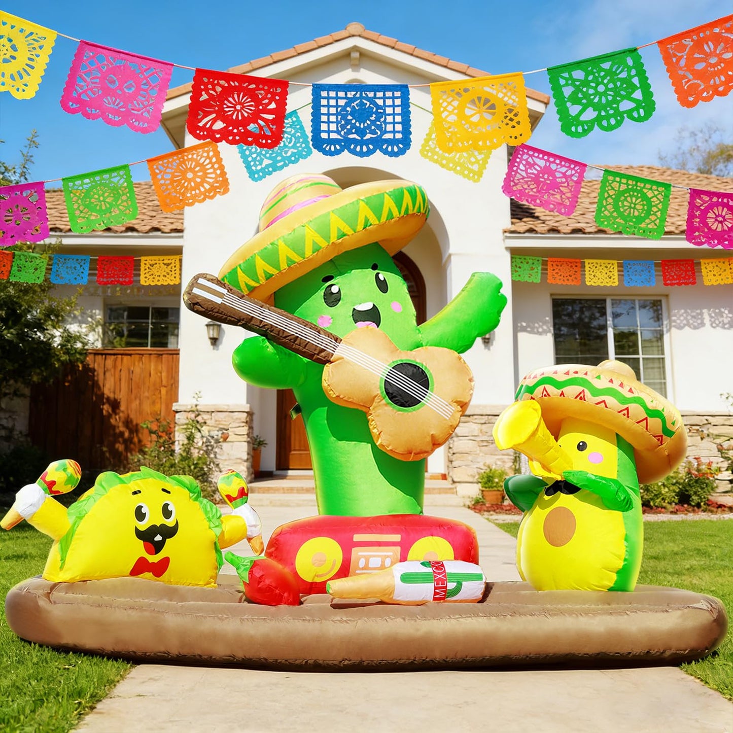 DomKom 6FT Cinco De Mayo Inflatables Fiesta Party, Blow up Outdoor Decorations Cactus Avocado Taco Mexican Party May 5 Sombreros Built-in LEDs Light Fiesta Maracas for Garden Lawn Yard