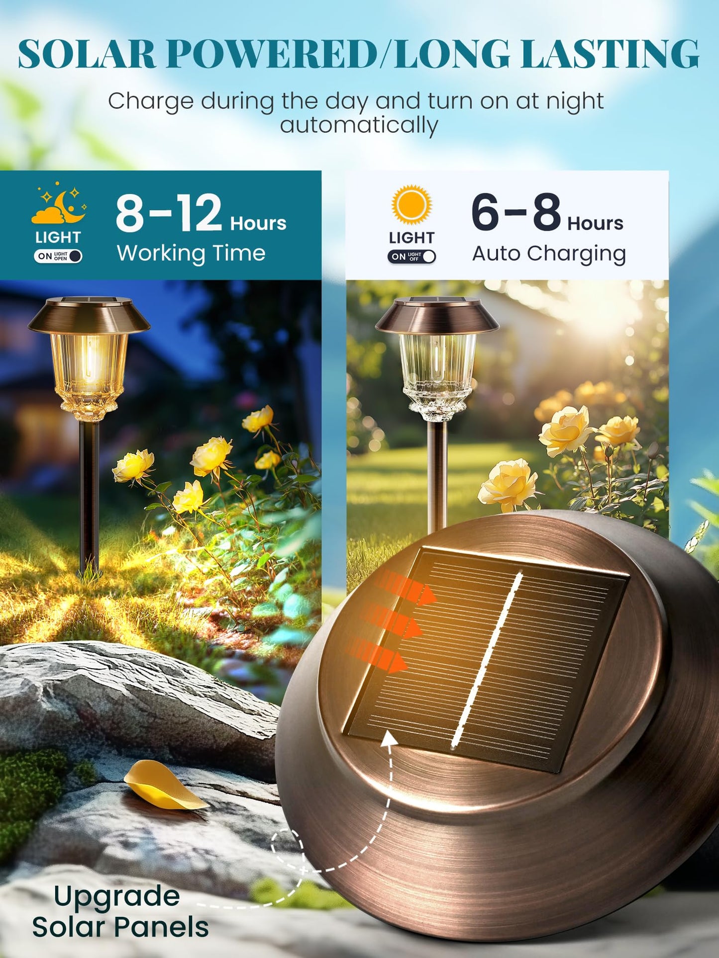 HMDecor Solar Lights Outdoor Waterproof,4 Pack Bronze Pathway Lights with 10-40 LM Dimmable Glass and Metal, Solar Powered Garden Fall Decor for Yard,Patio,Pathway,Driveway(Warm White)