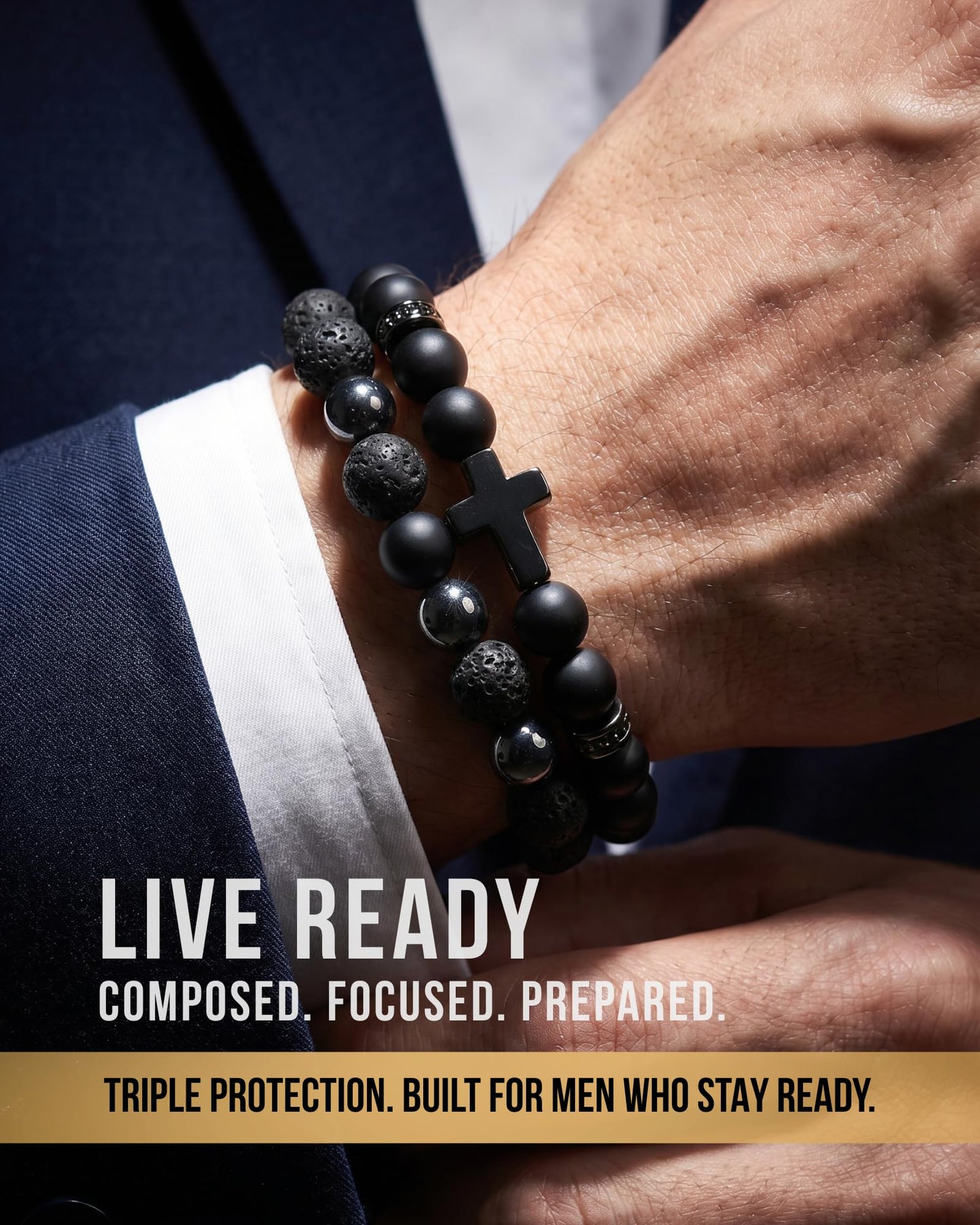 WestLuna Beaded Bracelets for Men - Black Obsidian Hematite Lava Stone Triple Protection Bracelets 8MM Natural Stone Cross Bracelet for Men (Medium)