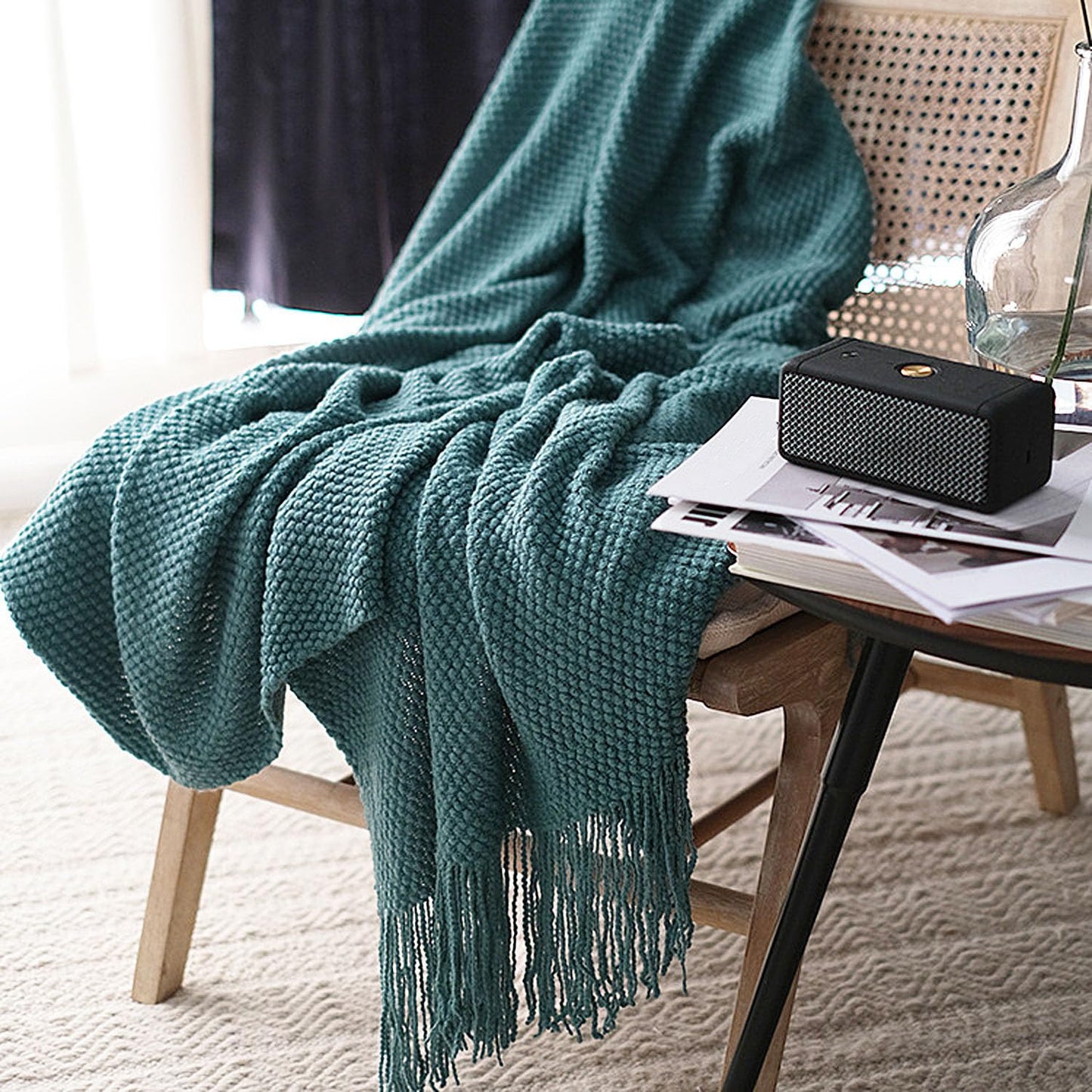 LOMAO Knitted Throw Blanket with Tassels Bubble Textured Soft Blanket Lightweight Warm Throw Blanket for Couch Cover Home Decor (Teal, 50x60)
