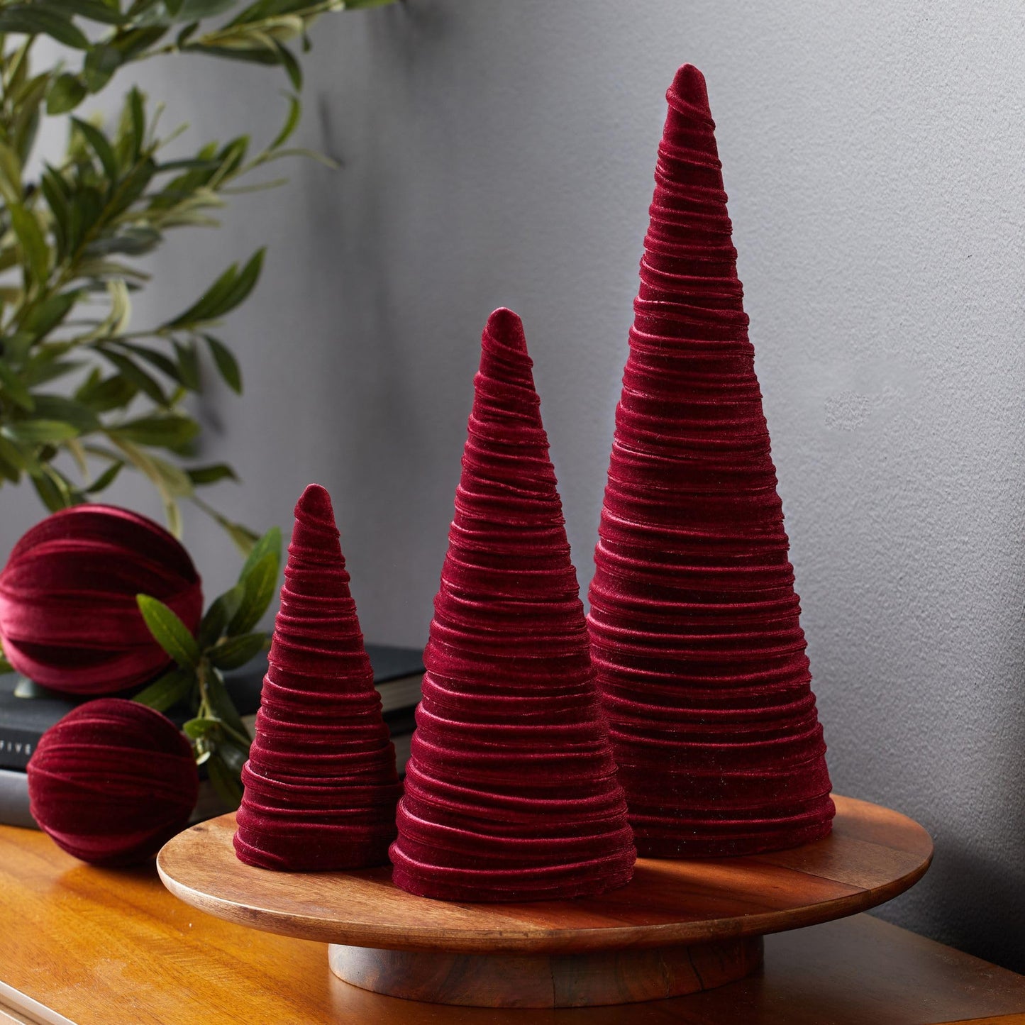 Set of 3 Burgundy Velvet Trees, Jewel Tone Mantel Decor, Luxurious Bookshelf, Holiday Party Accents, Valentine Tabletop, Elegant Charm, Cozy Gift for (Burgundy)
