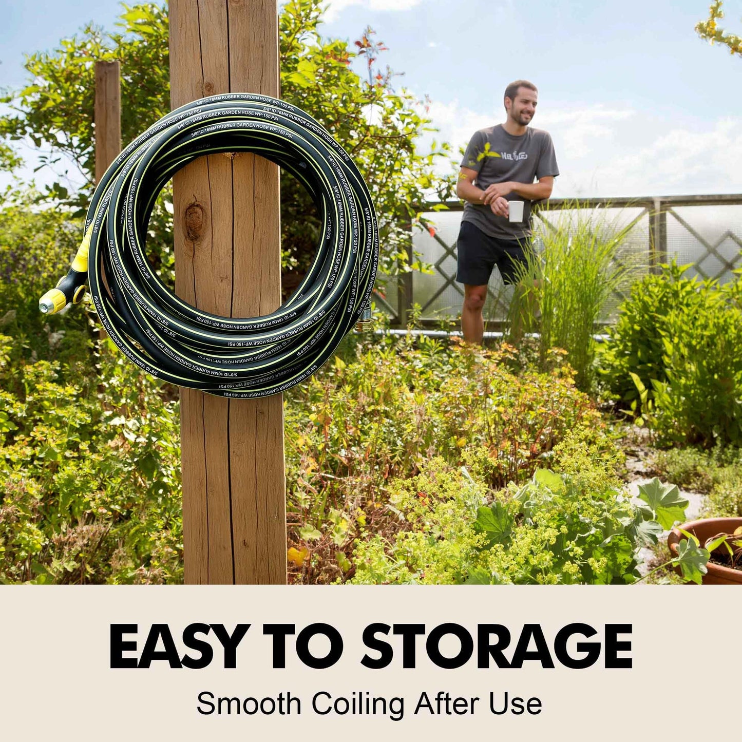 Wurzberge Lightweight Rubber Garden Hose 25 ft, 5/8" Hybrid Rubber Hose with Solid Brass Fitting, Water Hose Pipe for Outdoor, Cleaning & Washing