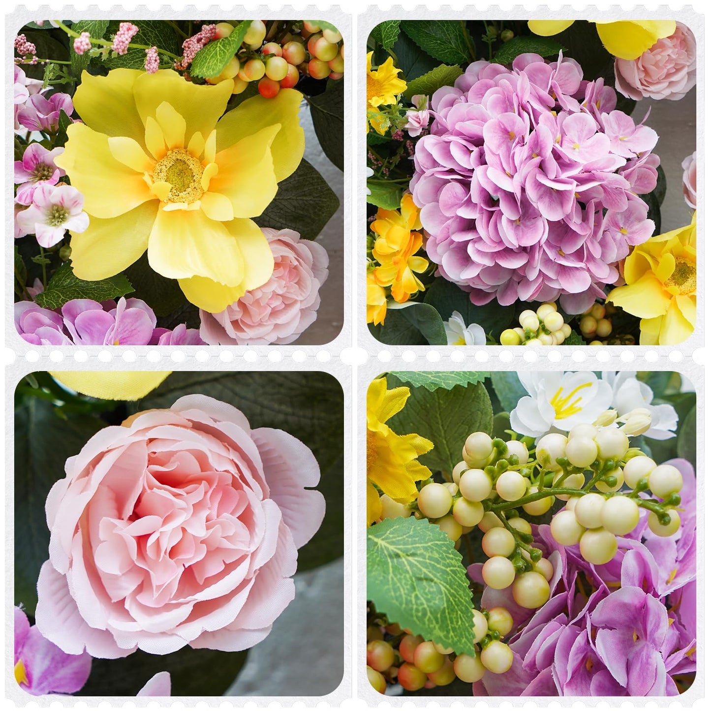 Rimalo 24 Inch Spring Summer Wreaths for Front Door - Summer Wreath with Vibrant Hydrangea, Roses, Daisies and Yellow Berries for Porch, Mantel, Farmhouse Home Decor, Outdoor Artificial Flower Wreath