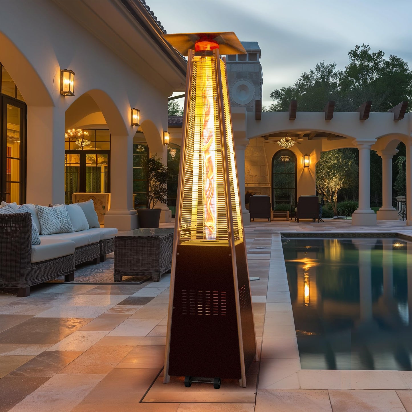 PATIOPIA 48,000 BTU Flame Pyramid Pool Heater With Cover, Triple Safety Protection Portable Patio Heater with Patio Cover, Warm Glass Tube with Durable Wheels-Brown