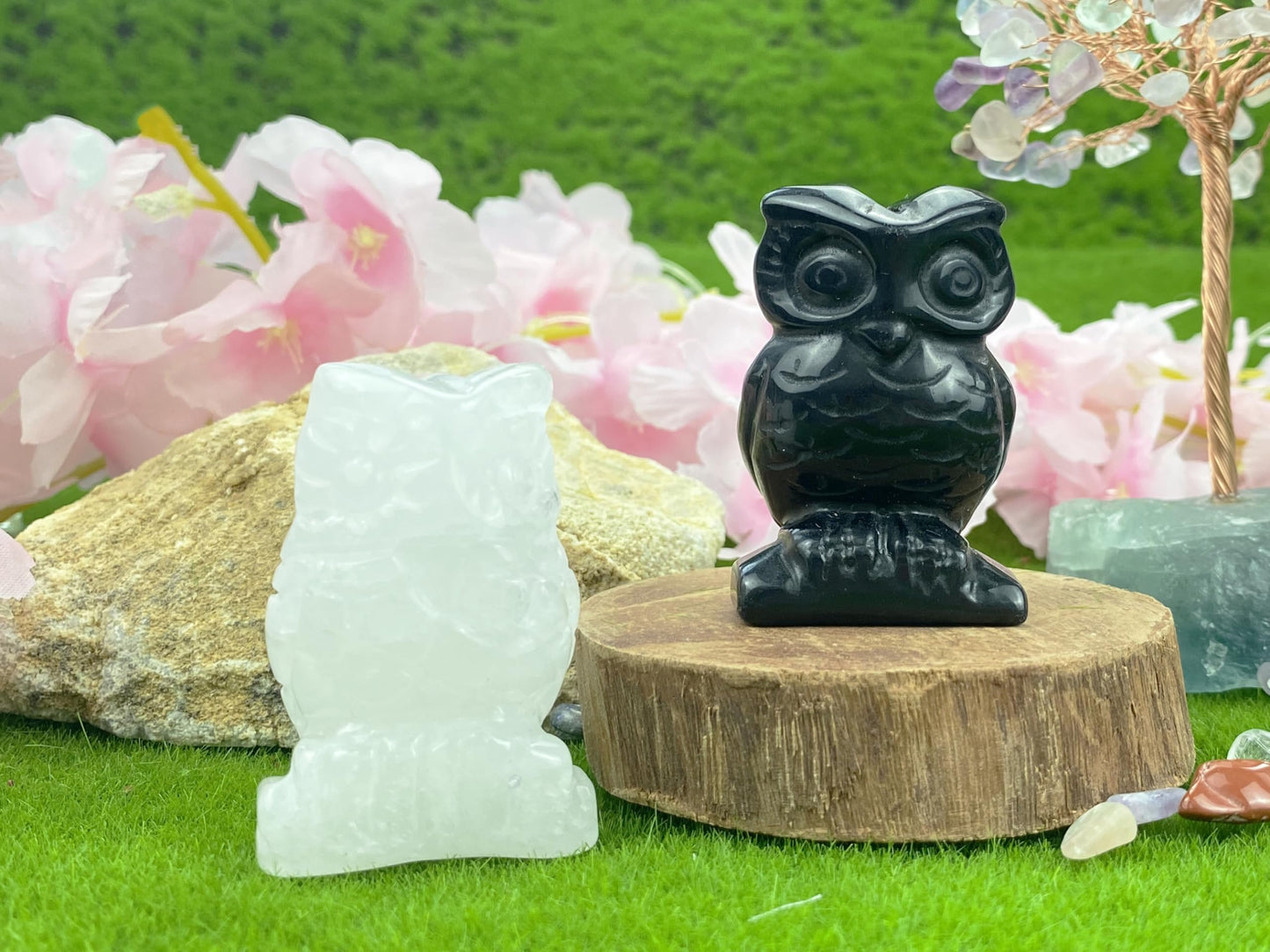 YATOJUZI 2” Owl Decors Natural Clear Quartz Crystals Stones White Cute Decor Polished Hand-Carved Sculpture Statue Figurines Gemstone Home Office Desk Decoration Reiki Energy Gifts